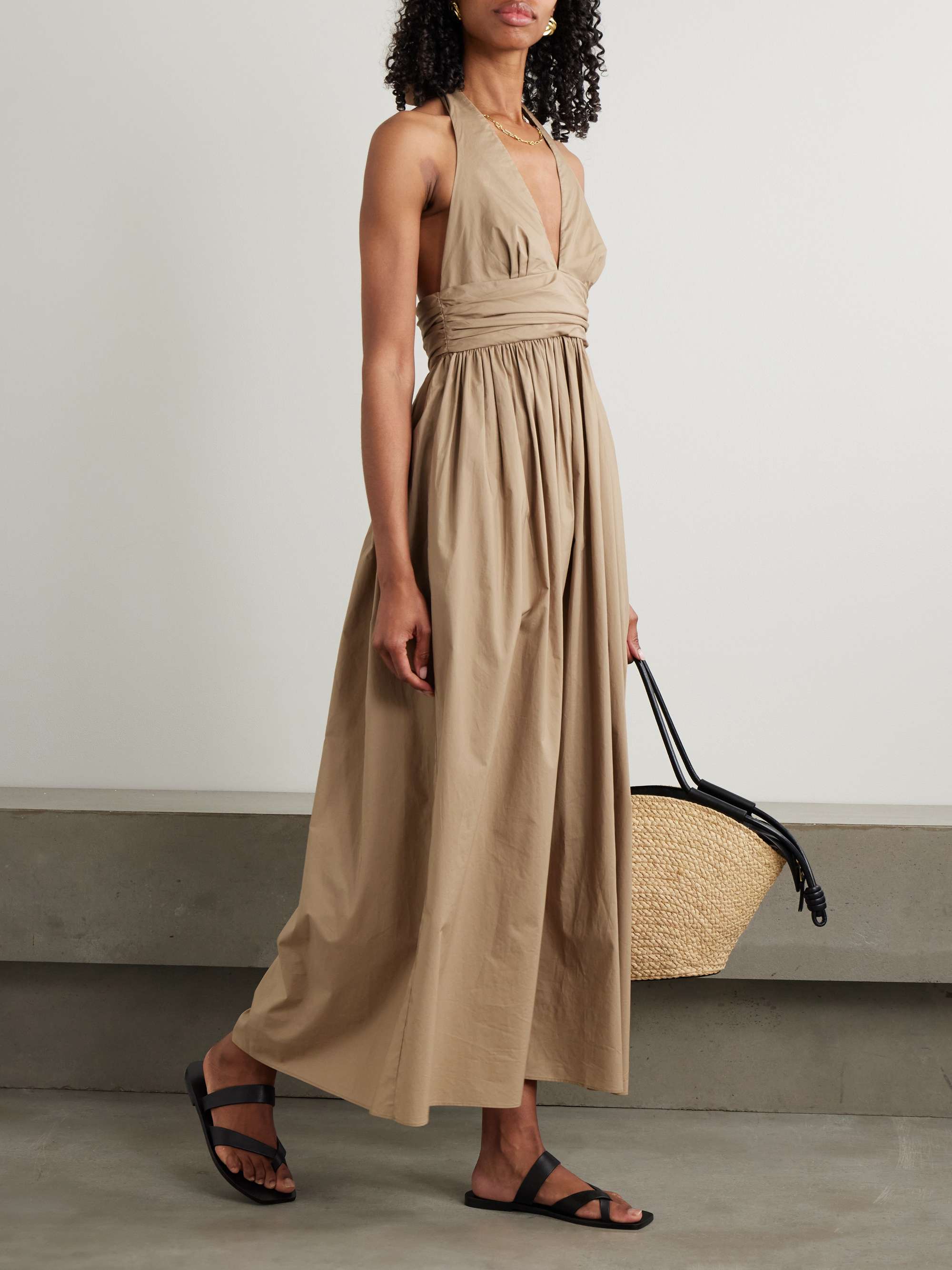 Gathered organic cotton-poplin halterneck maxi dress view