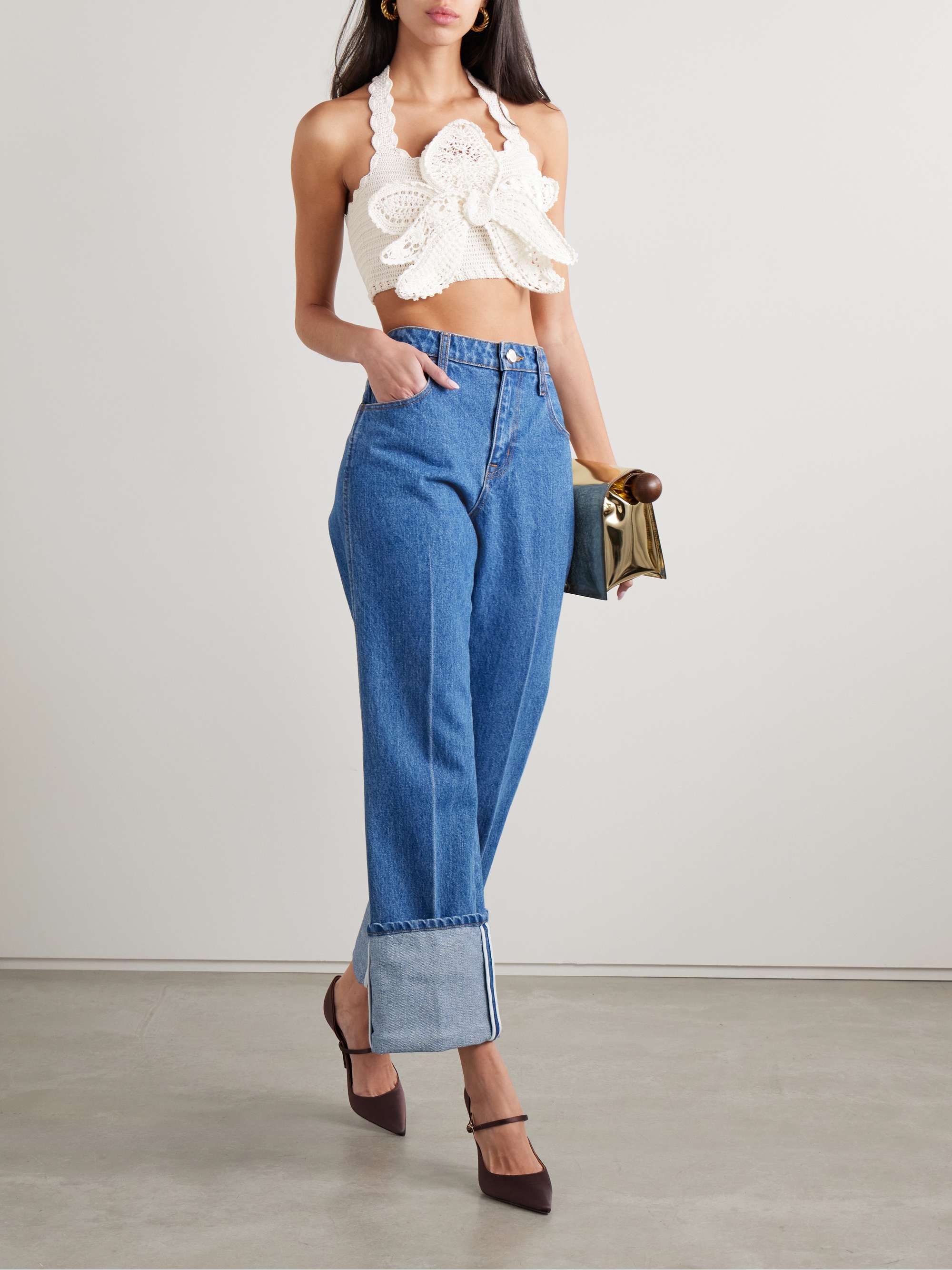 Mia cropped appliquéd crocheted organic cotton halterneck top view
