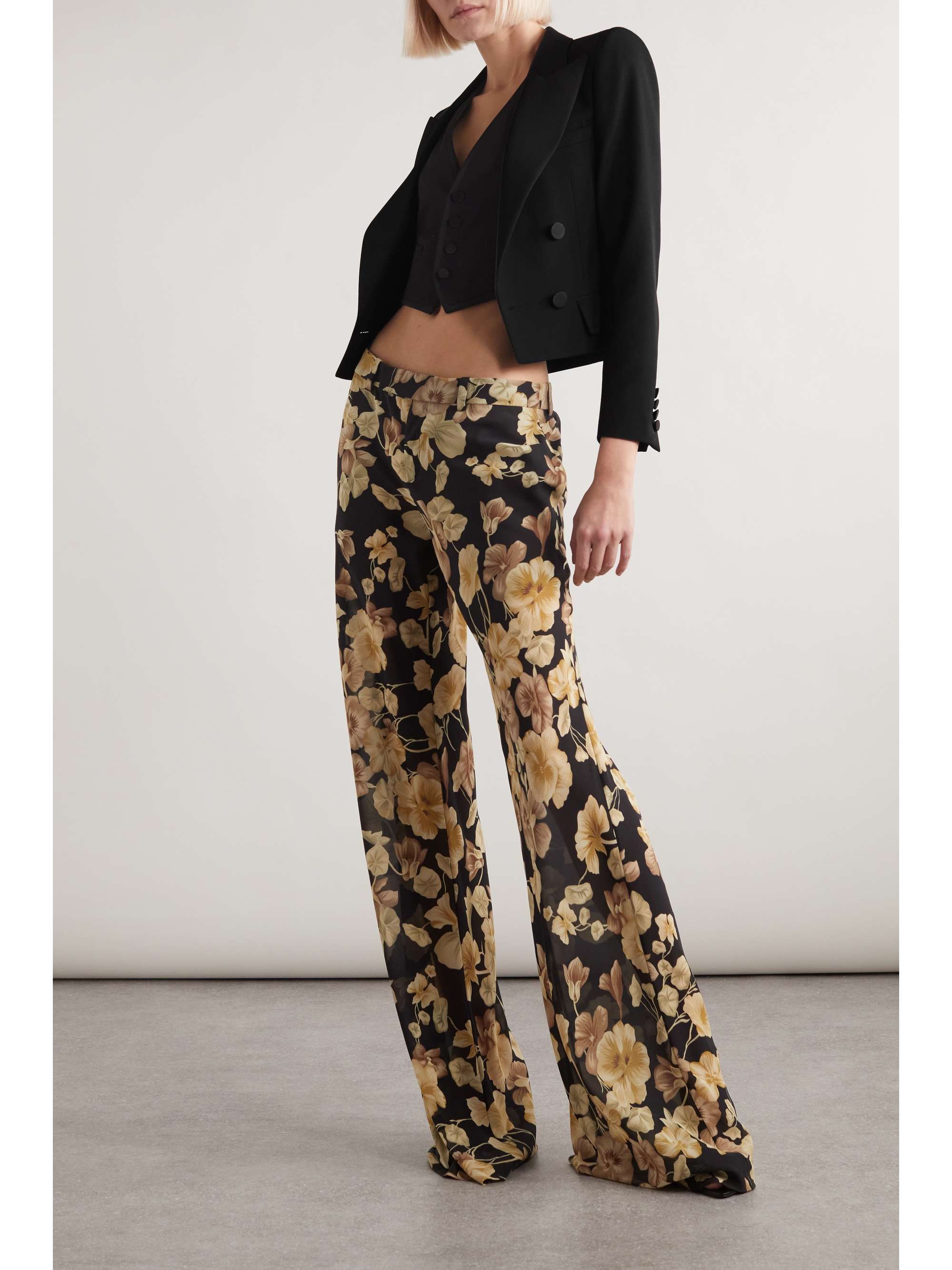 Cropped satin-trimmed grain de poudre wool jacket view
