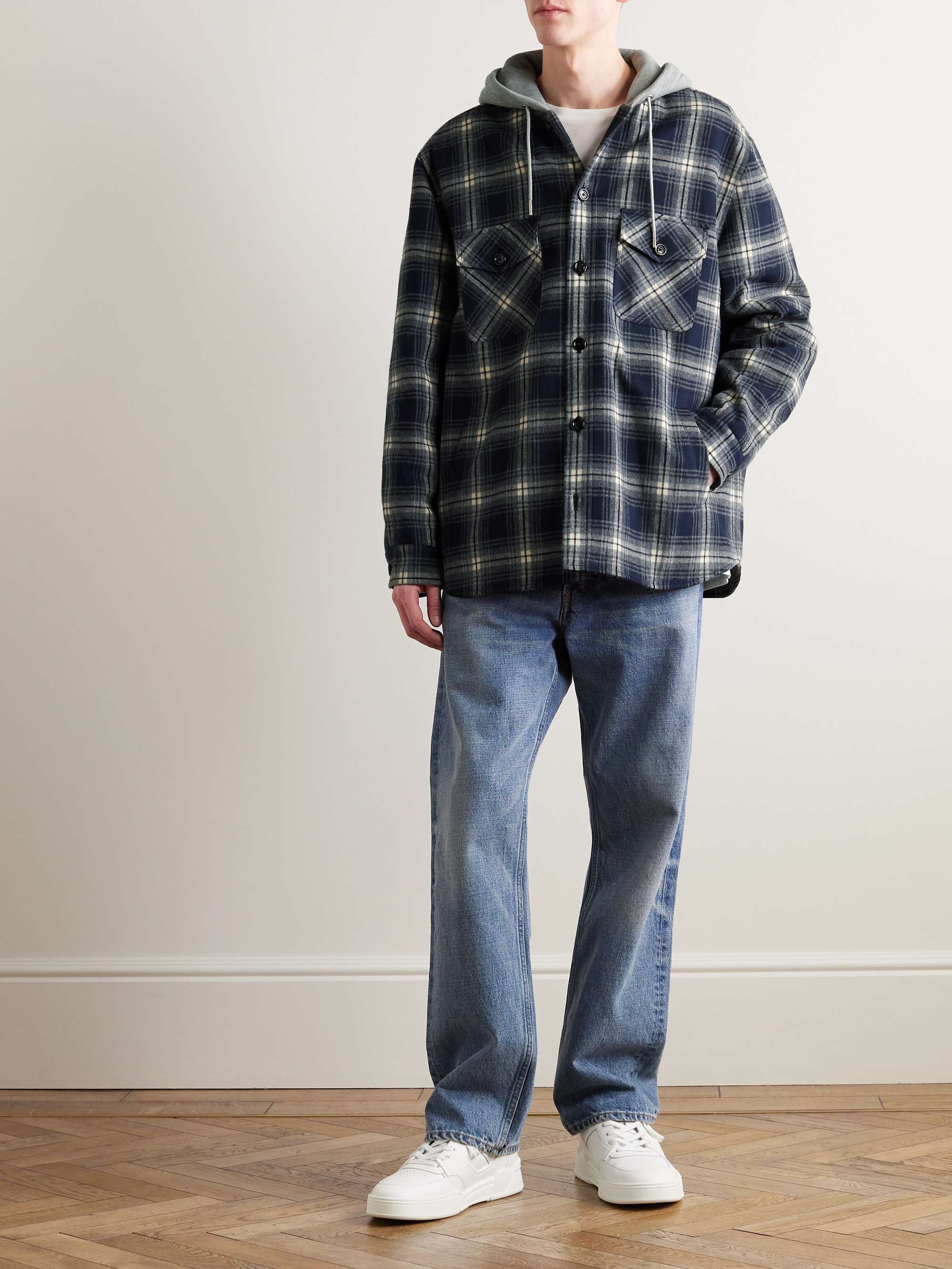 Checked Wool and Logo-Print Cotton-Jersey Hooded Overshirt view