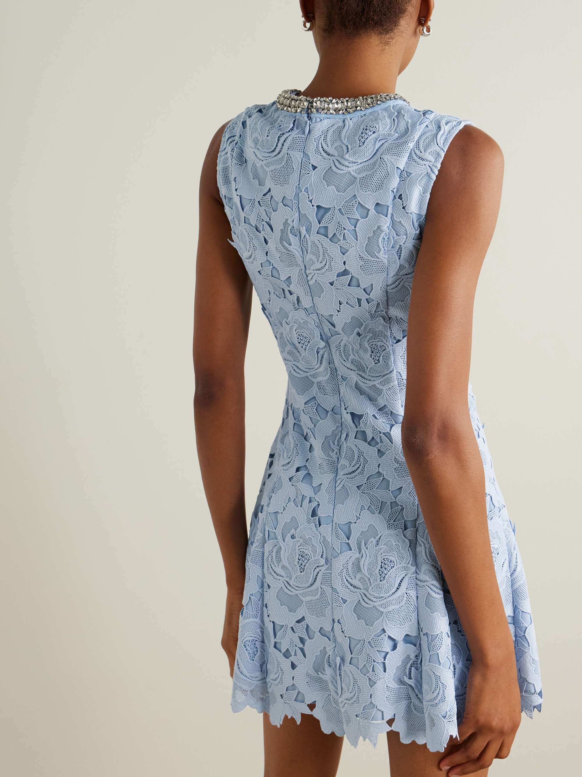 Crystal-embellished pleated guipure lace mini dress view