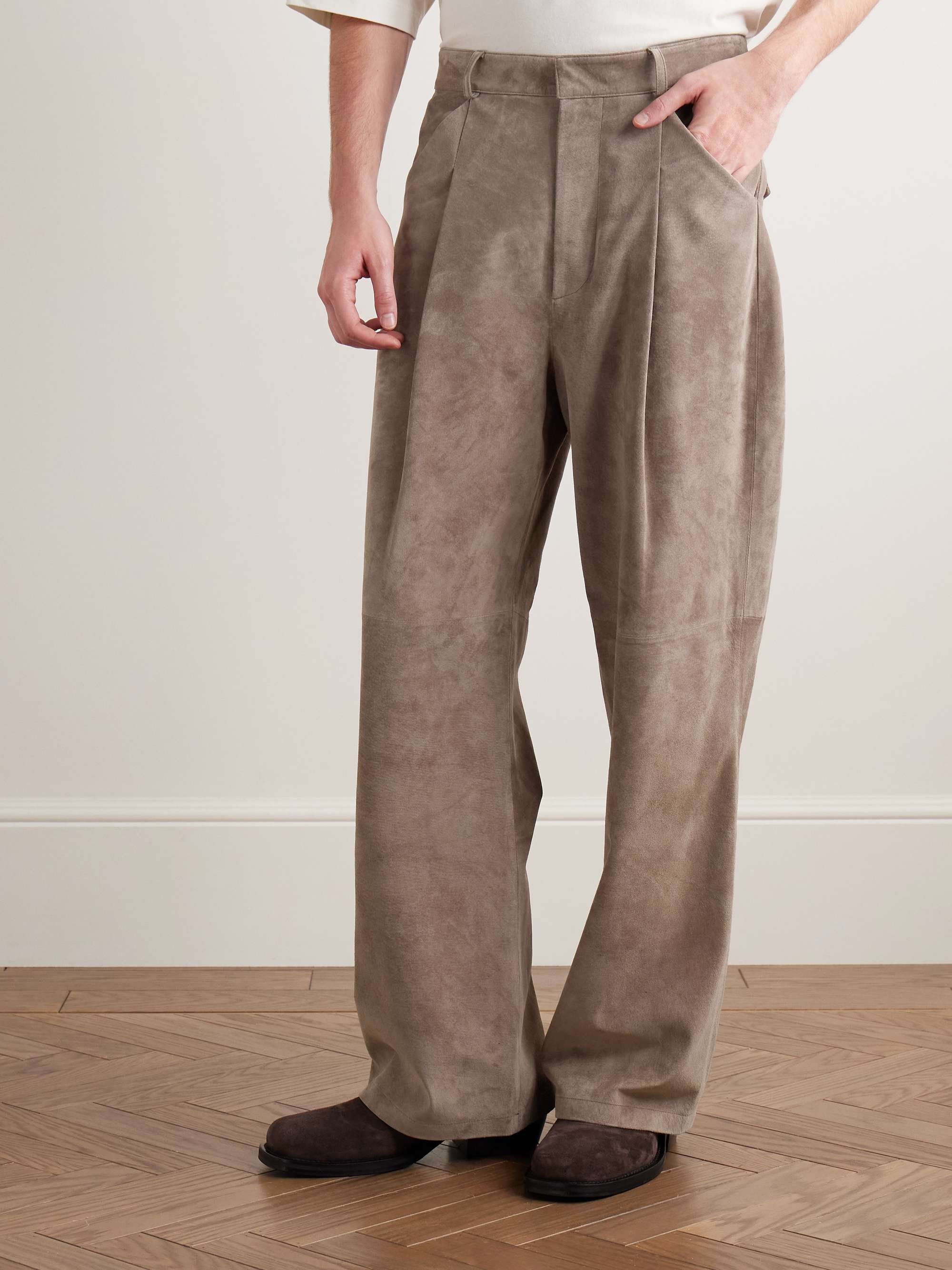 Straight-Leg Pleated Suede Trousers view