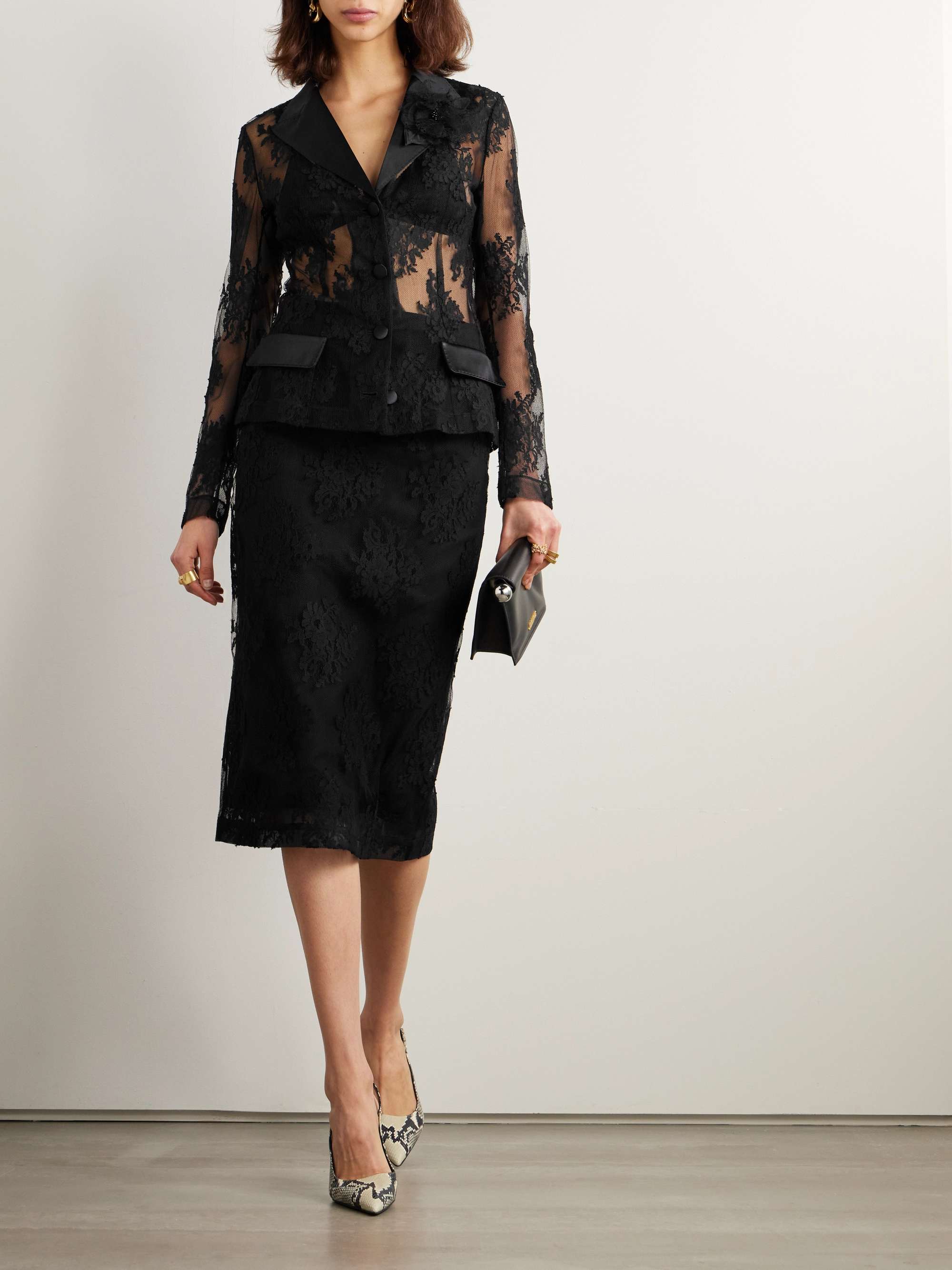 Appliquéd satin-trimmed cotton-blend Chantilly lace jacket view