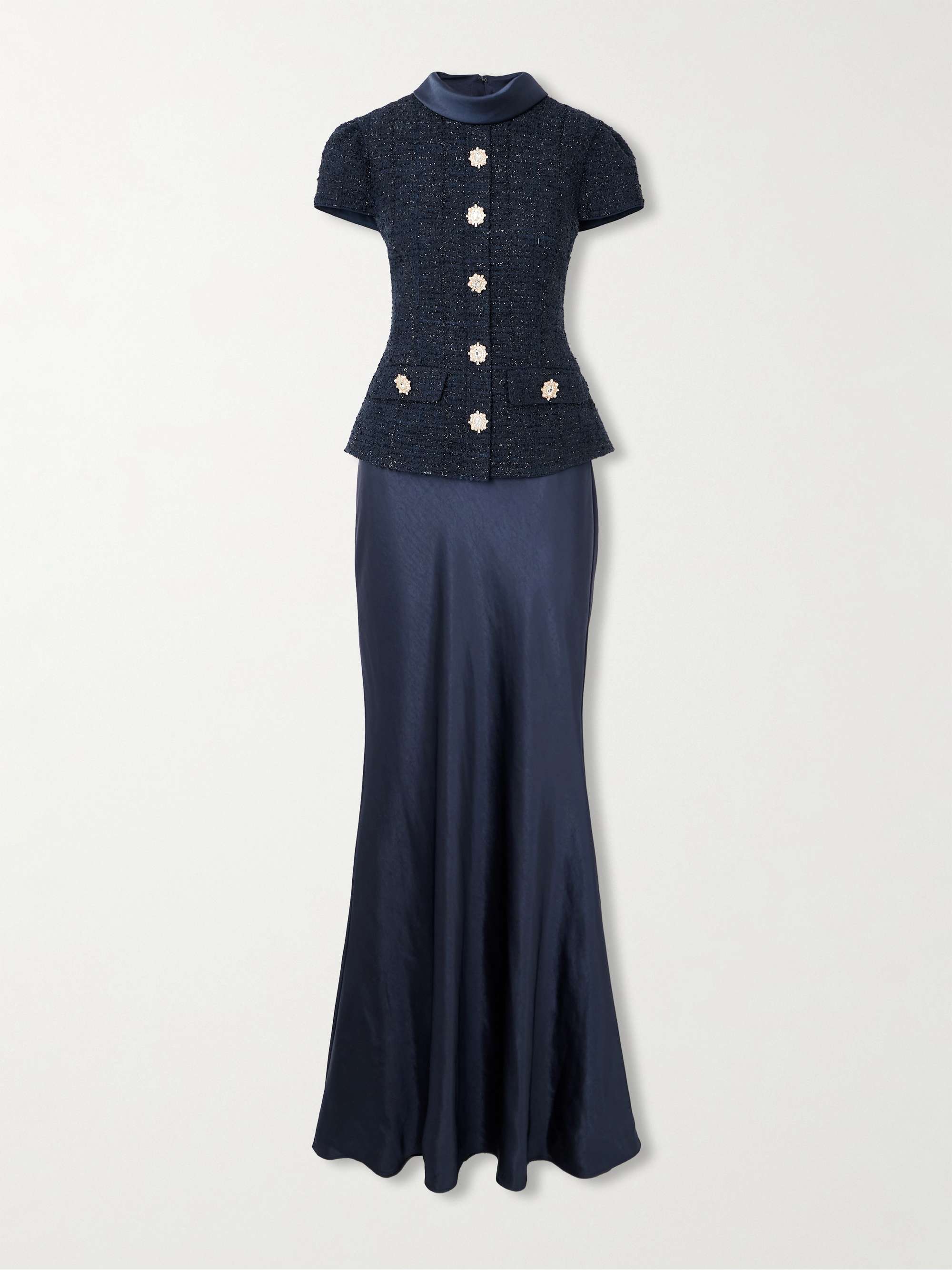 Layered embellished metallic bouclé-tweed and satin maxi dress hero visual