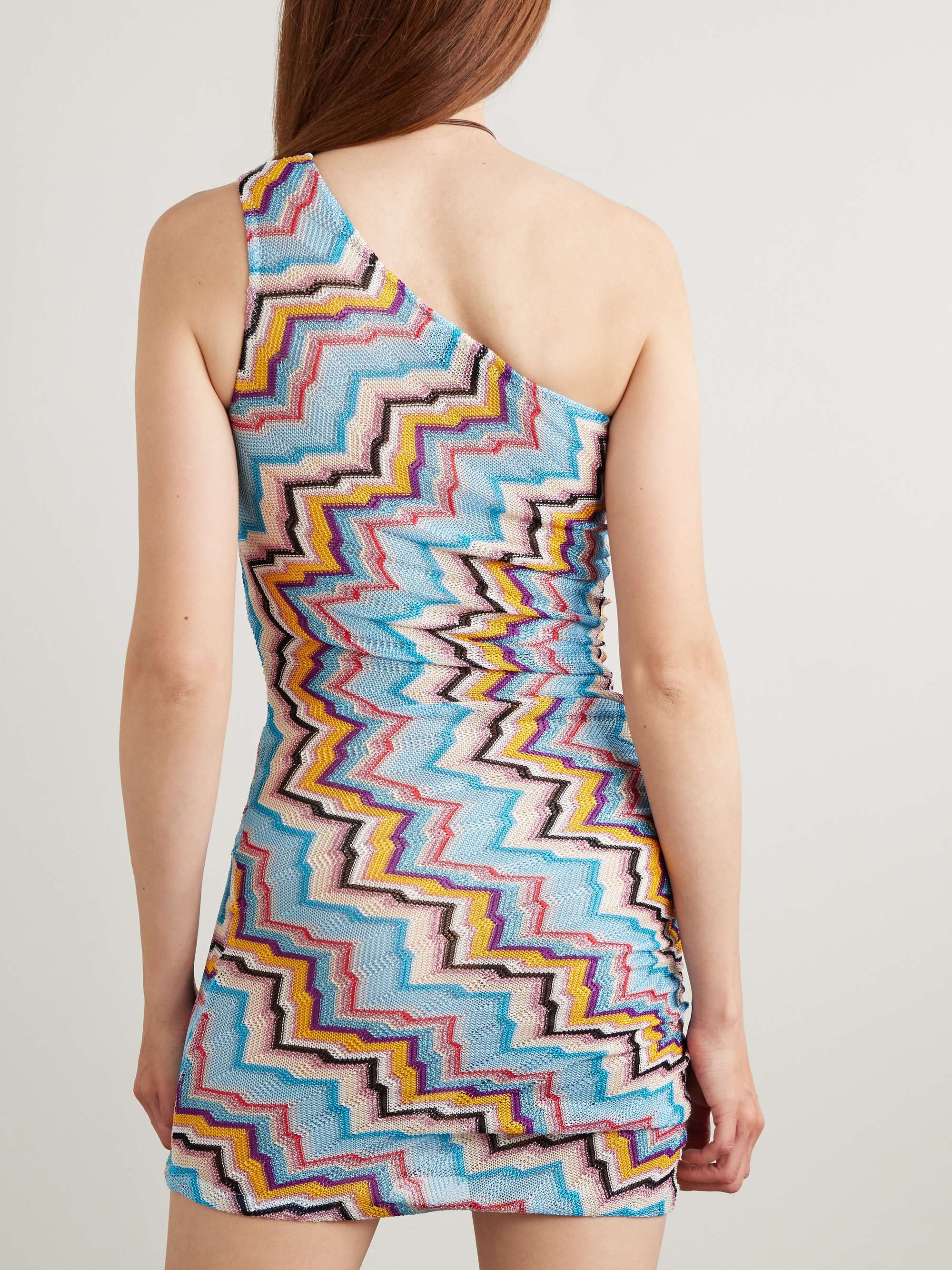 One-shoulder gathered metallic striped crochet-knit mini dress view