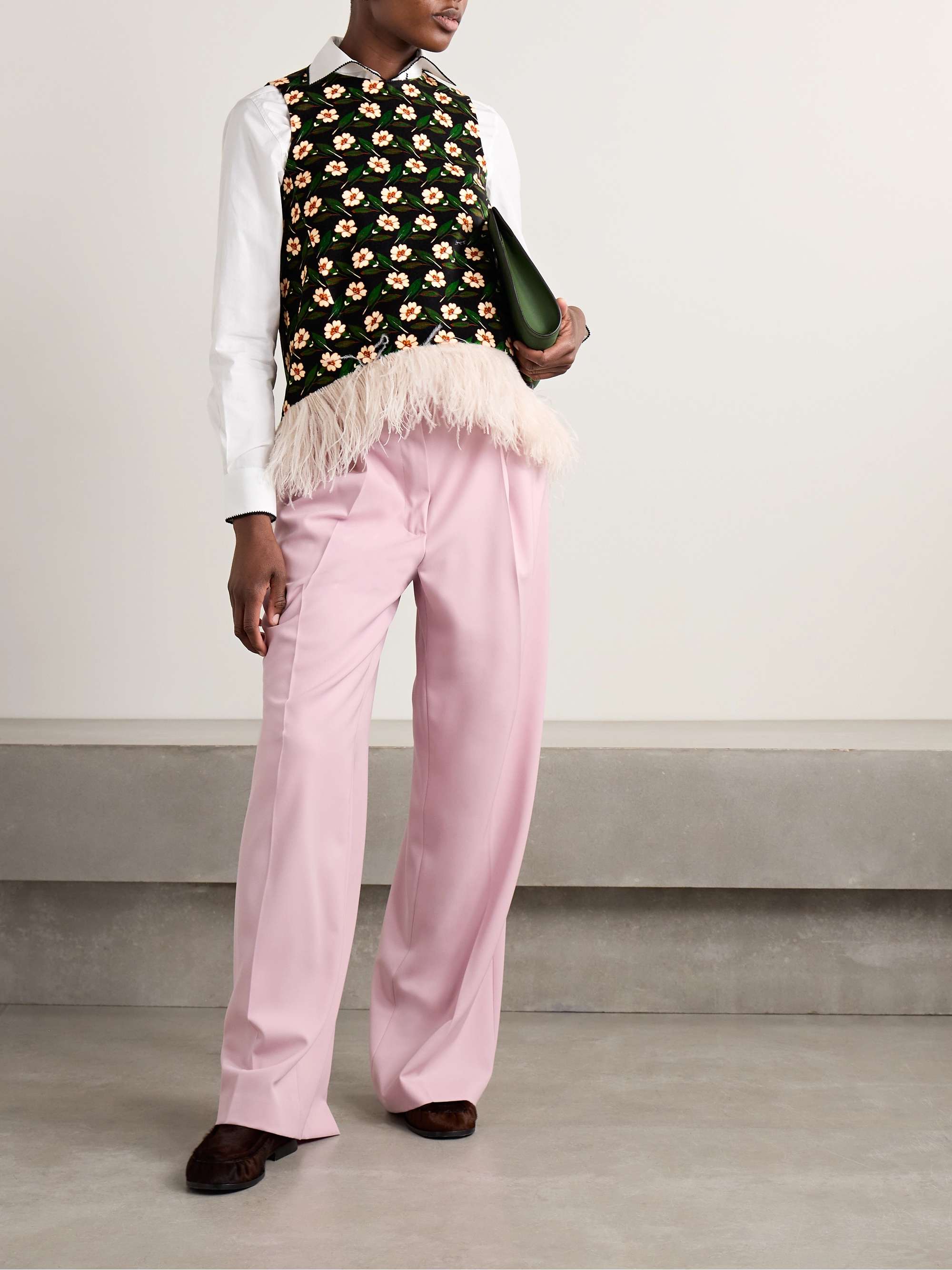 La Scala asymmetric feather-trimmed floral-print cotton-velvet top view