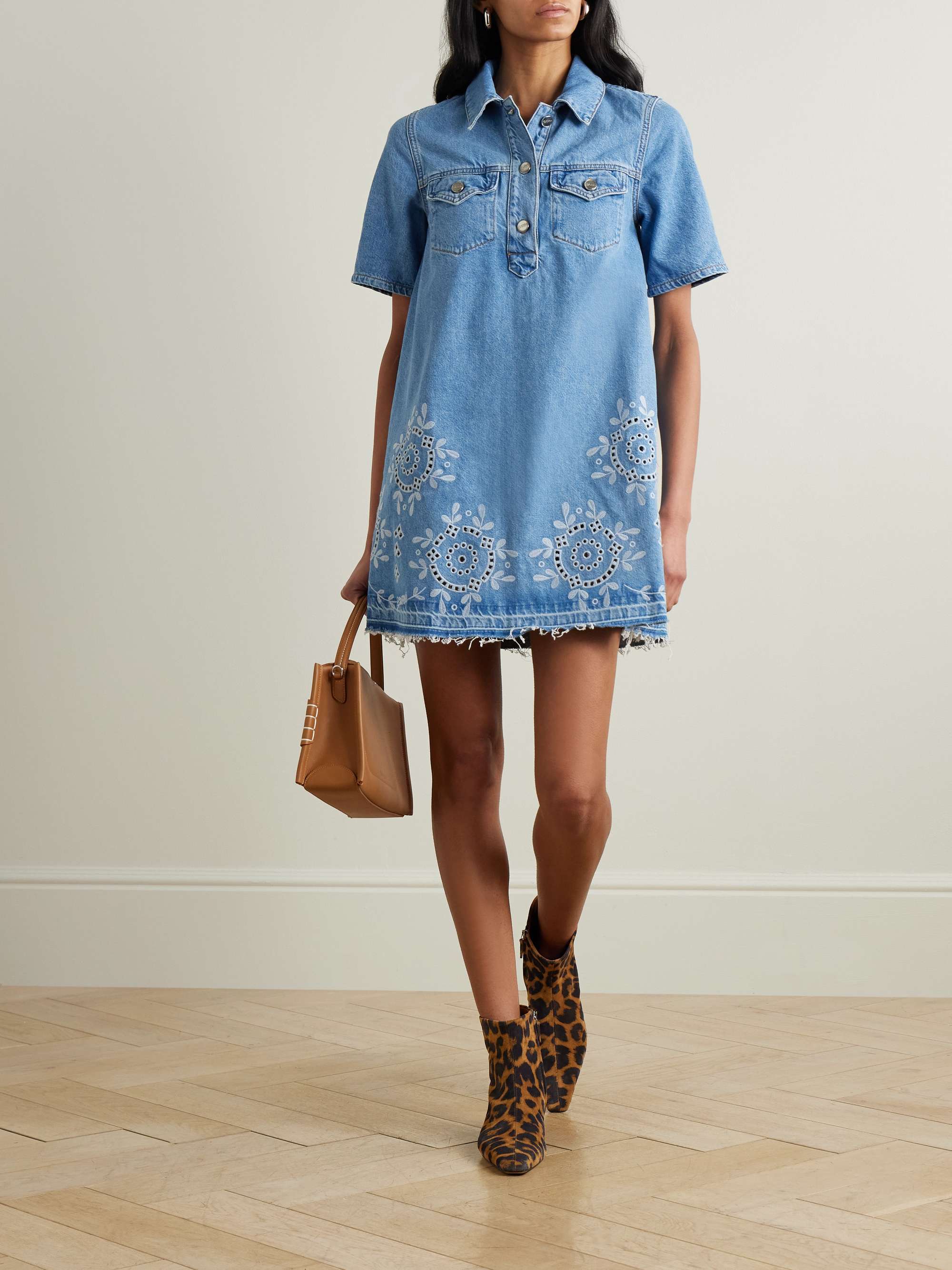 Frayed broderie anglaise denim mini shirt dress view