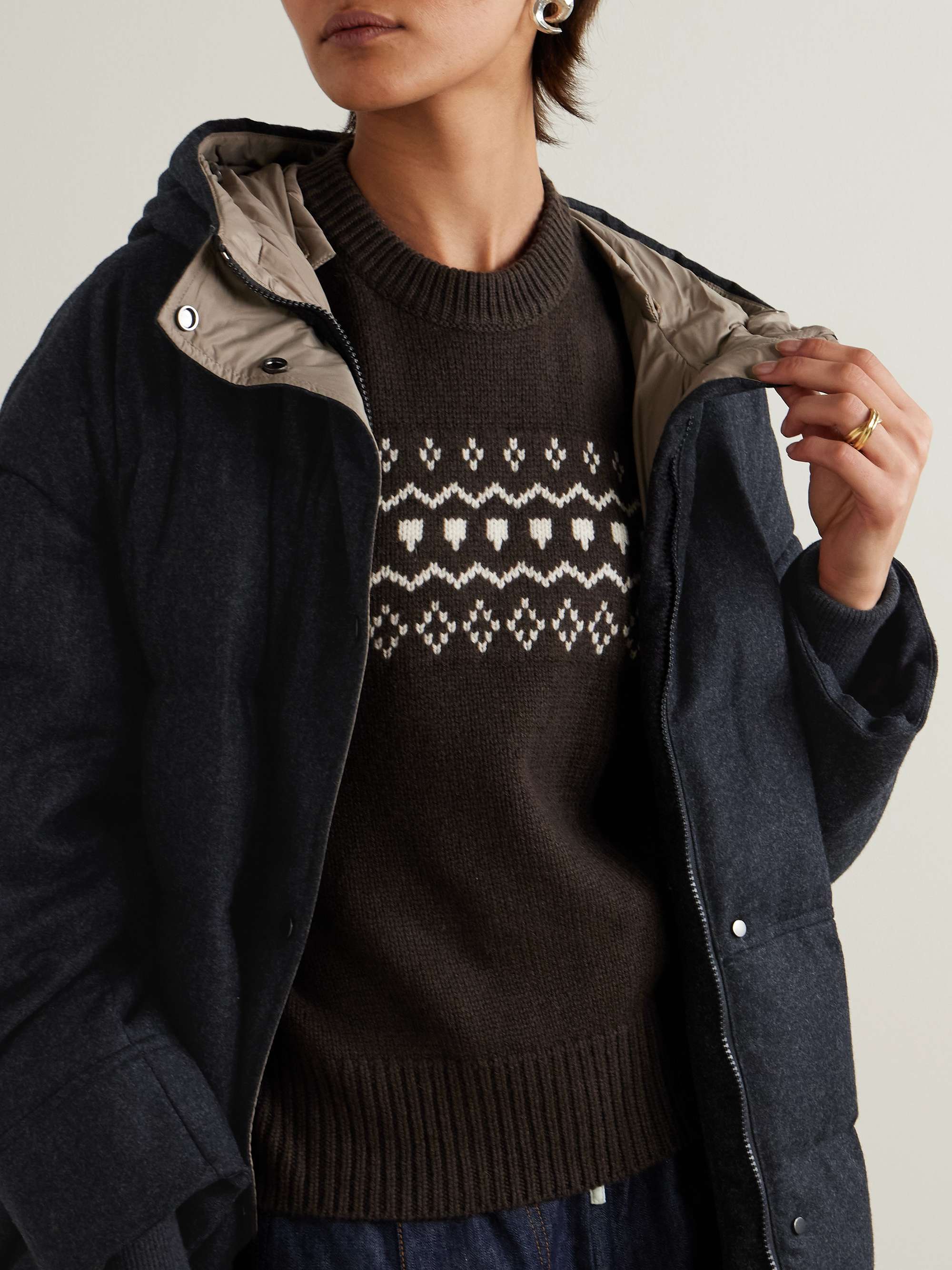 Hooded faux fur-trimmed quilted wool down coat view