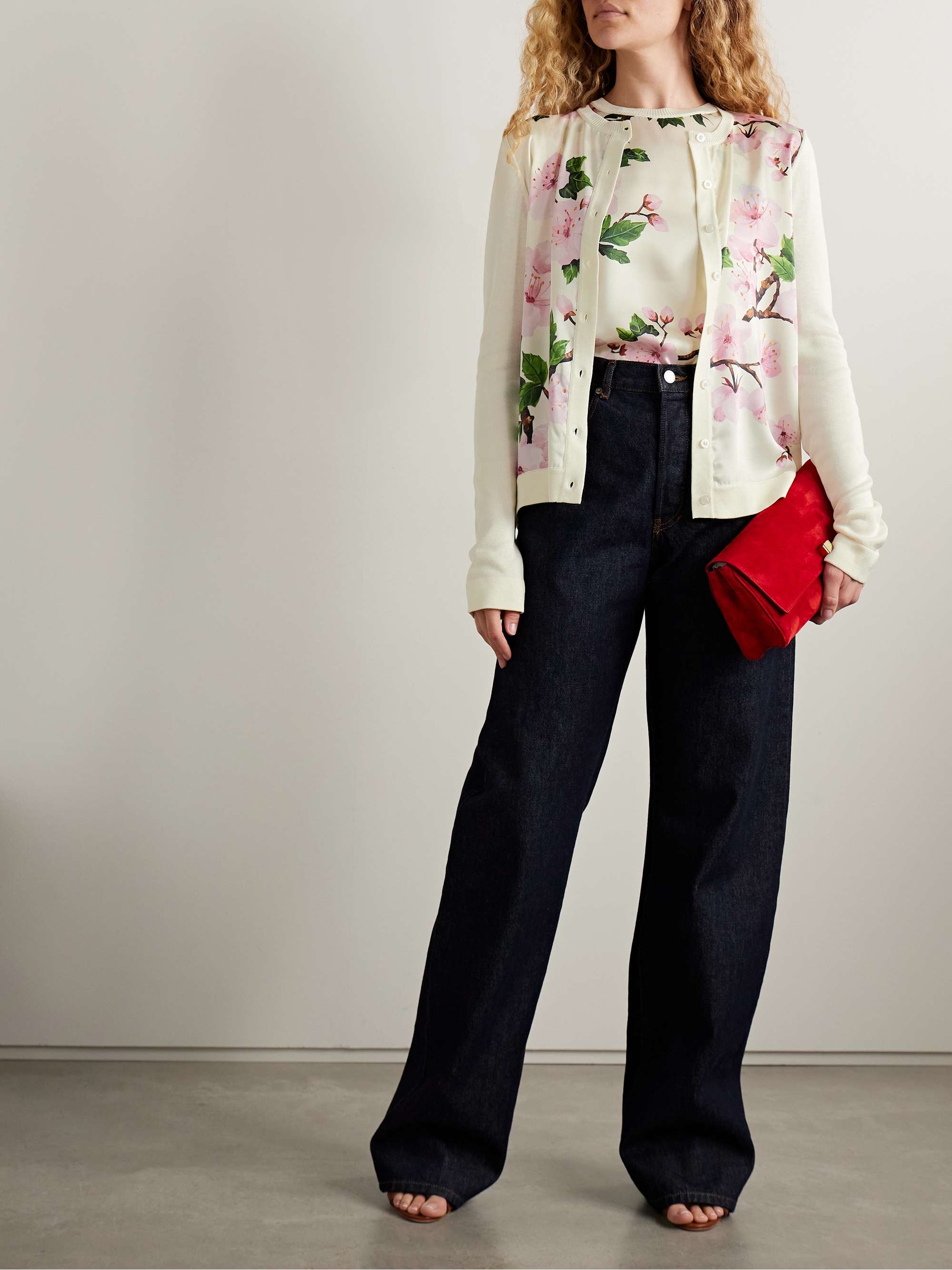 Paneled knitted and floral-print silk-blend twill cardigan view
