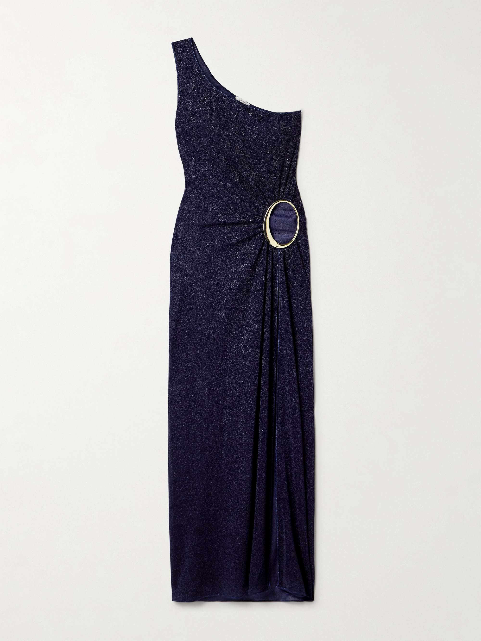 Lumière one-shoulder cutout metallic stretch-knit maxi dress hero visual