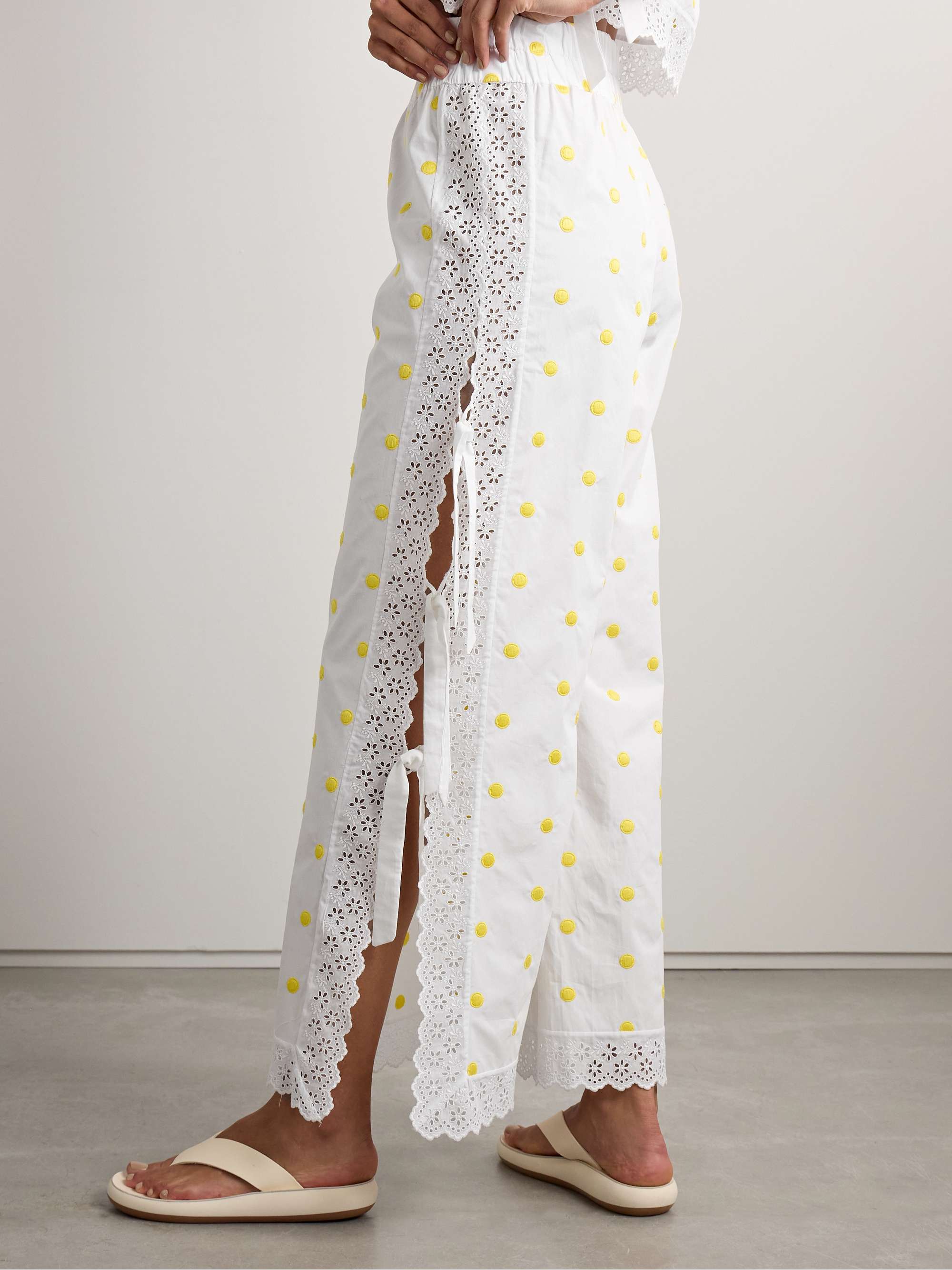 Broderie anglaise-trimmed polka-dot cotton wide-leg pants view