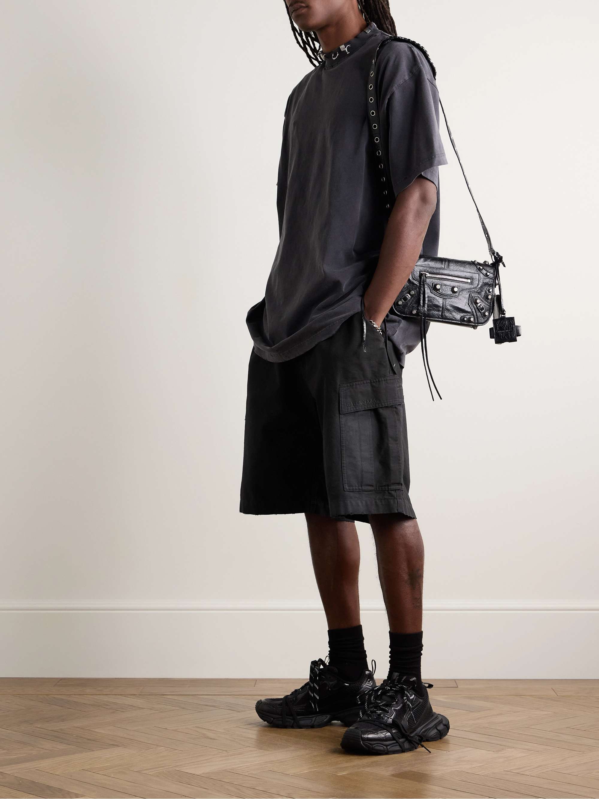 Wide-Leg Distressed Cotton-Ripstop Drawstring Cargo Shorts view