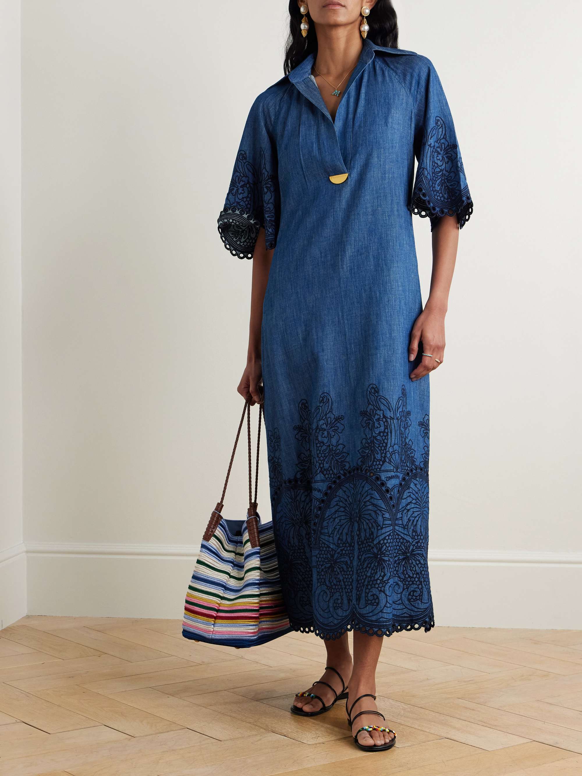 Coco embellished embroidered denim midi dress view