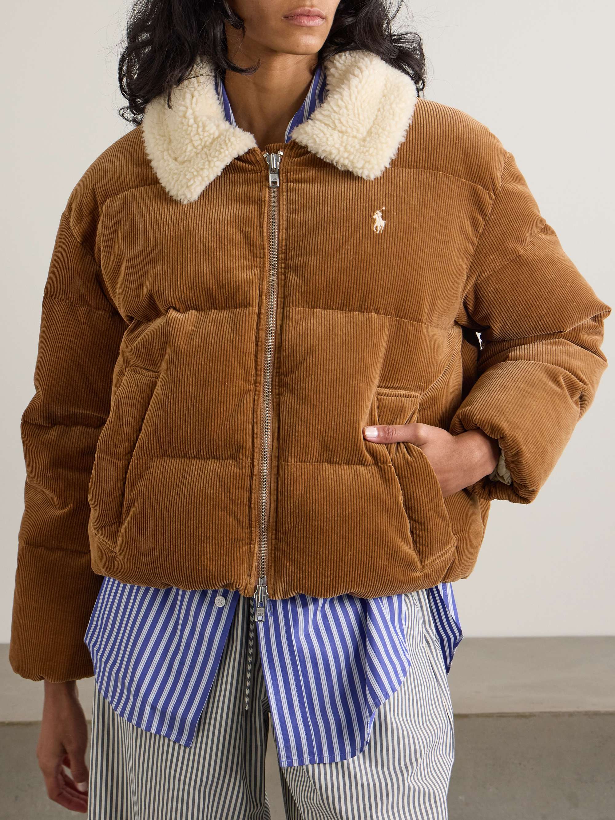 Embroidered shearling-trimmed quilted padded cotton-blend corduroy jacket view
