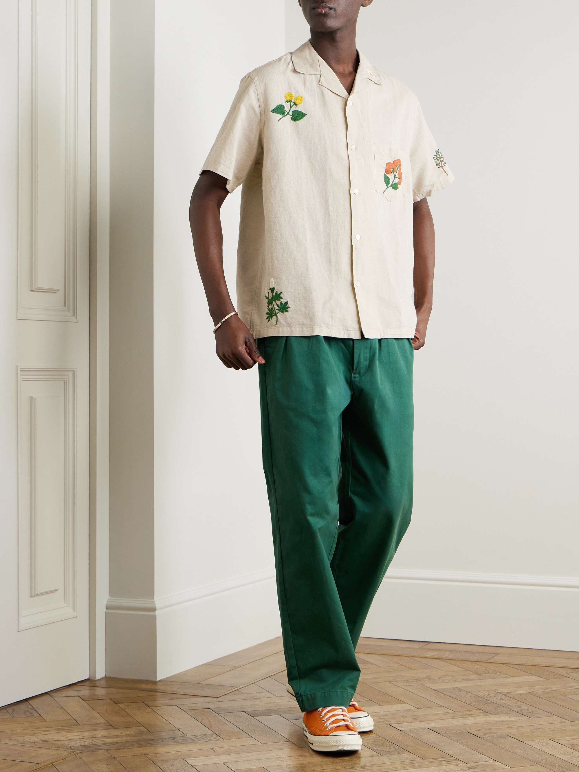 Convertible-Collar Embroidered Linen and Cotton-Blend Shirt view
