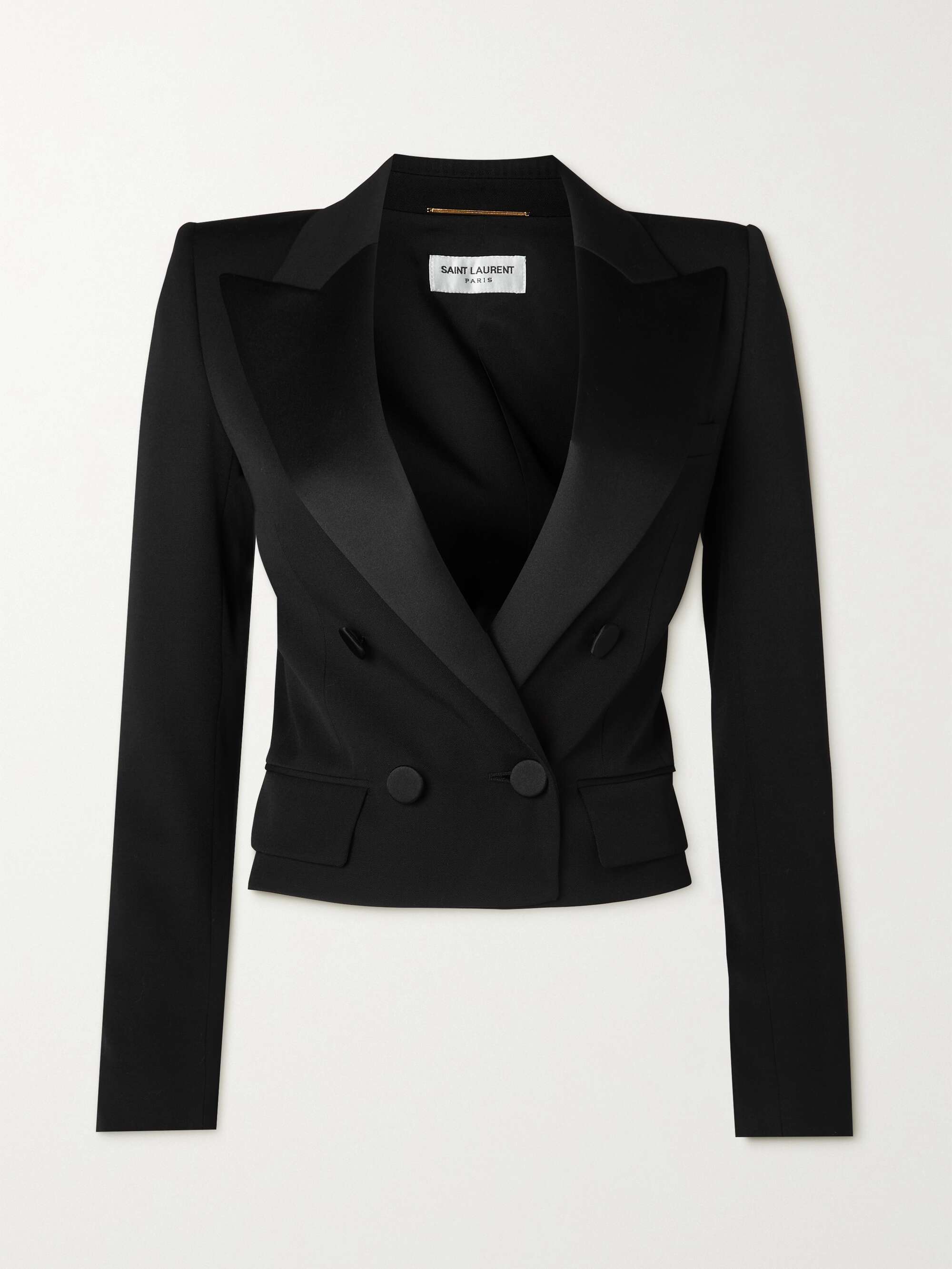 Cropped satin-trimmed grain de poudre wool jacket hero visual