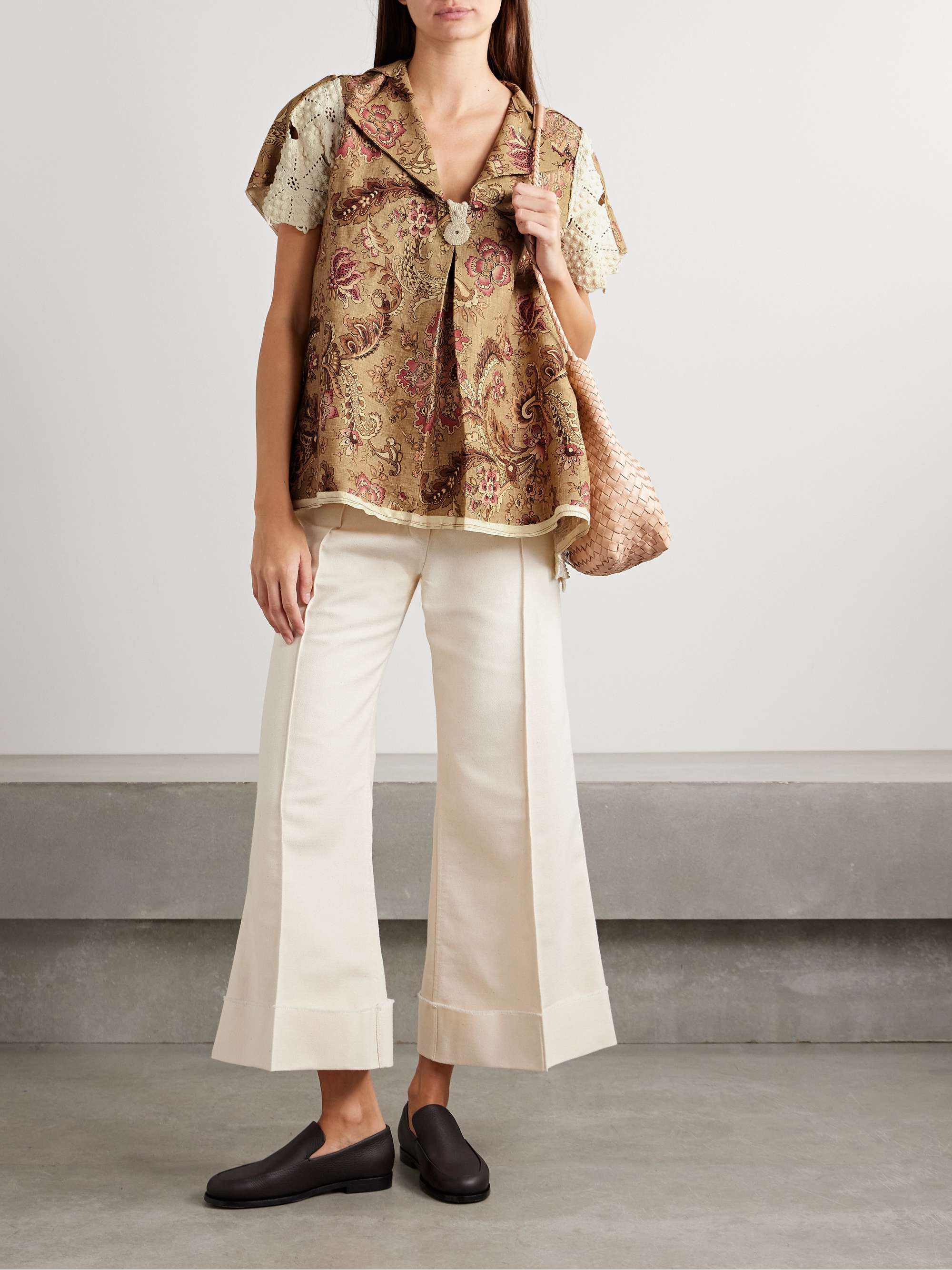 Mariah paneled crocheted cotton and floral-print linen shirt view