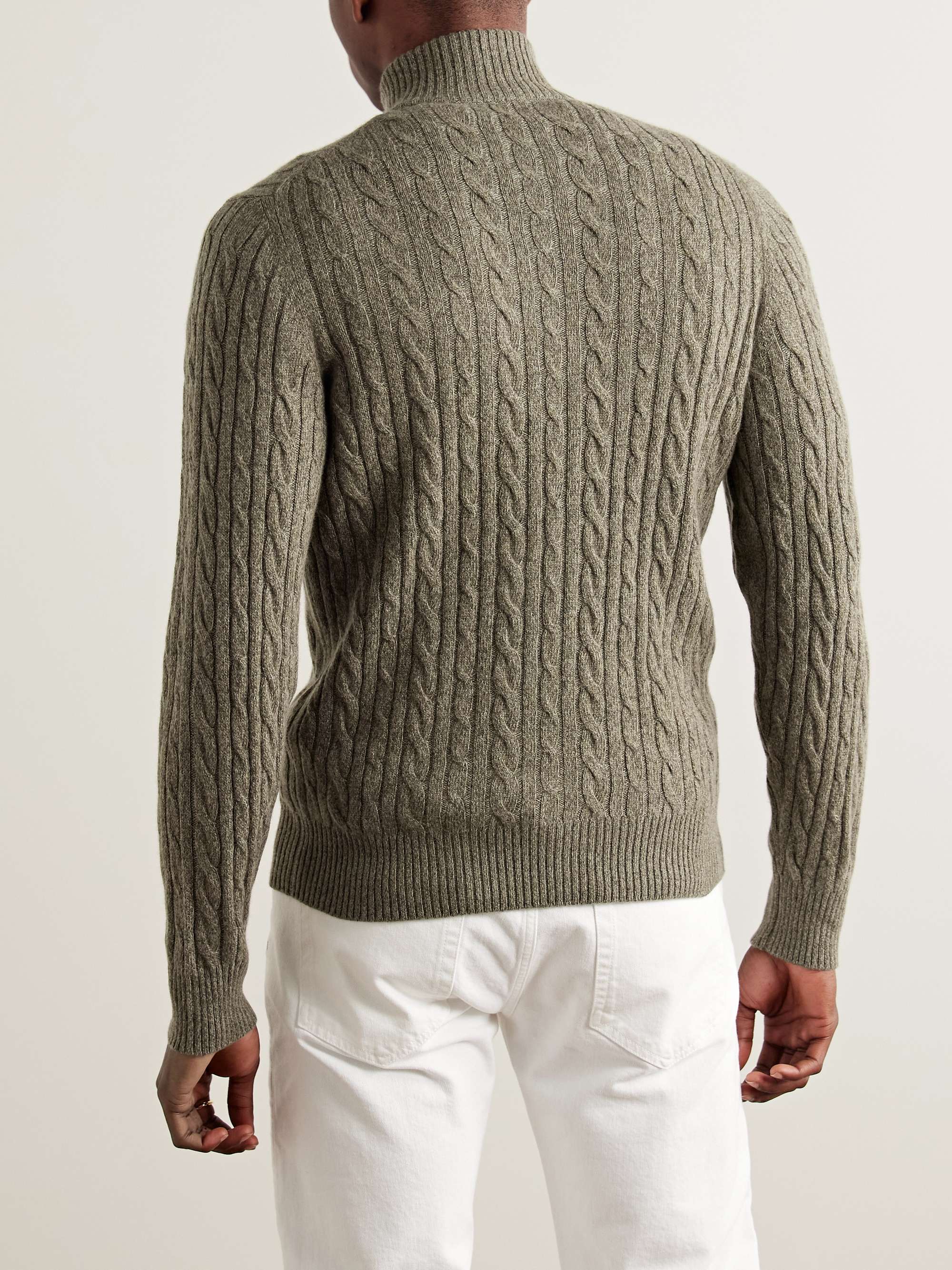 Slim-Fit Suede-Trimmed Cable-Knit Baby Cashmere Half-Zip Sweater view