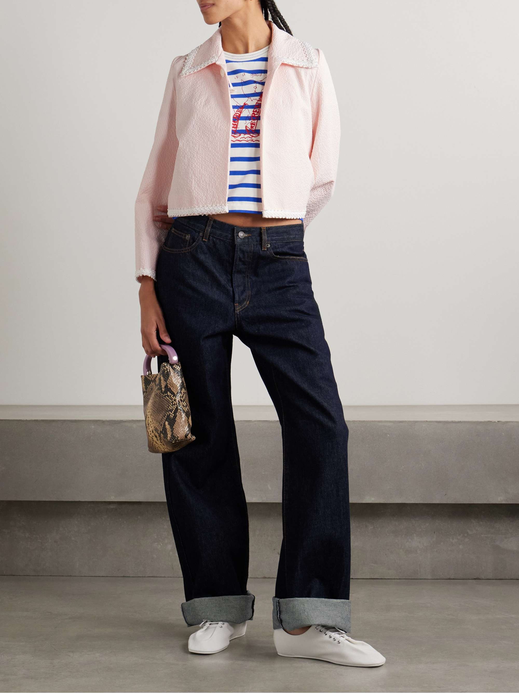 Cropped appliquéd striped cotton-blend seersucker jacket view