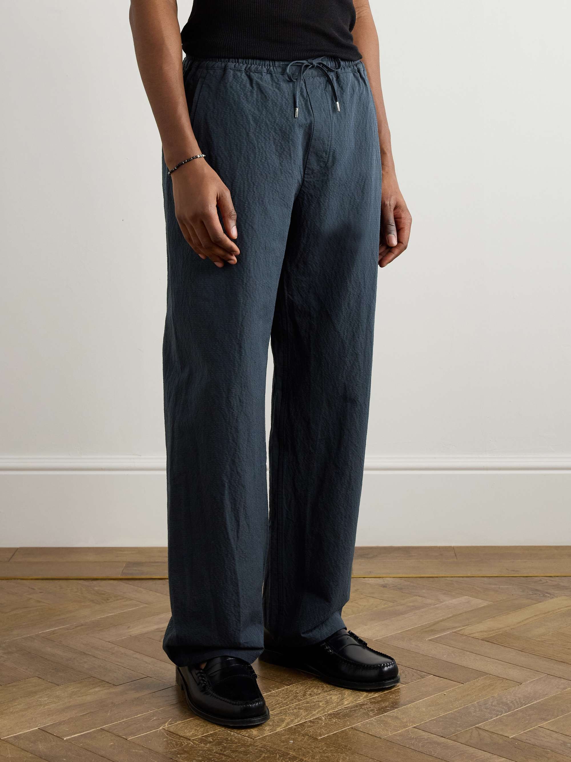Samurai Straight-Leg Cotton and Linen-Blend Seersucker Drawstring Suit Trousers view