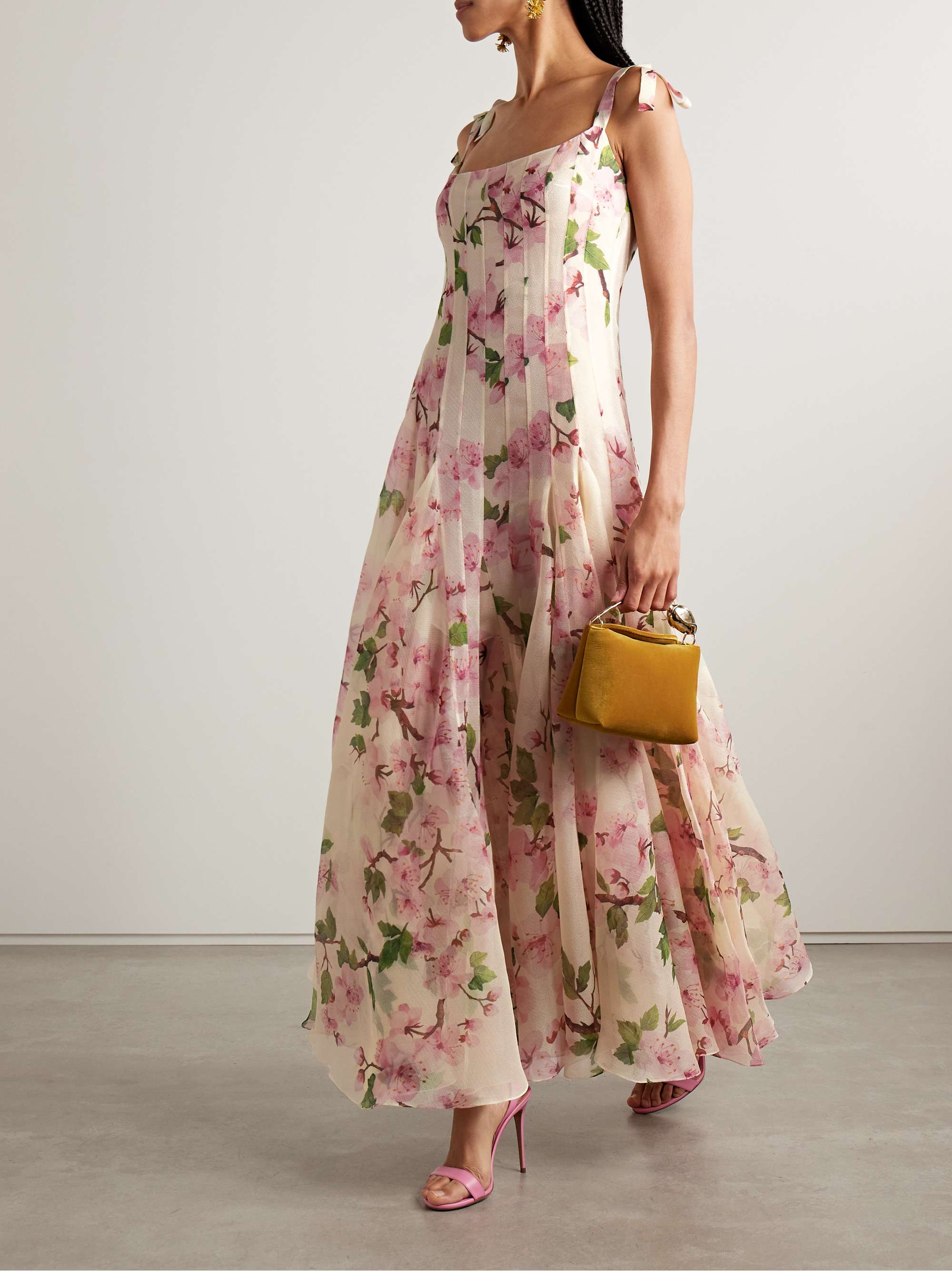 Pleated floral-print silk-blend organza gown view