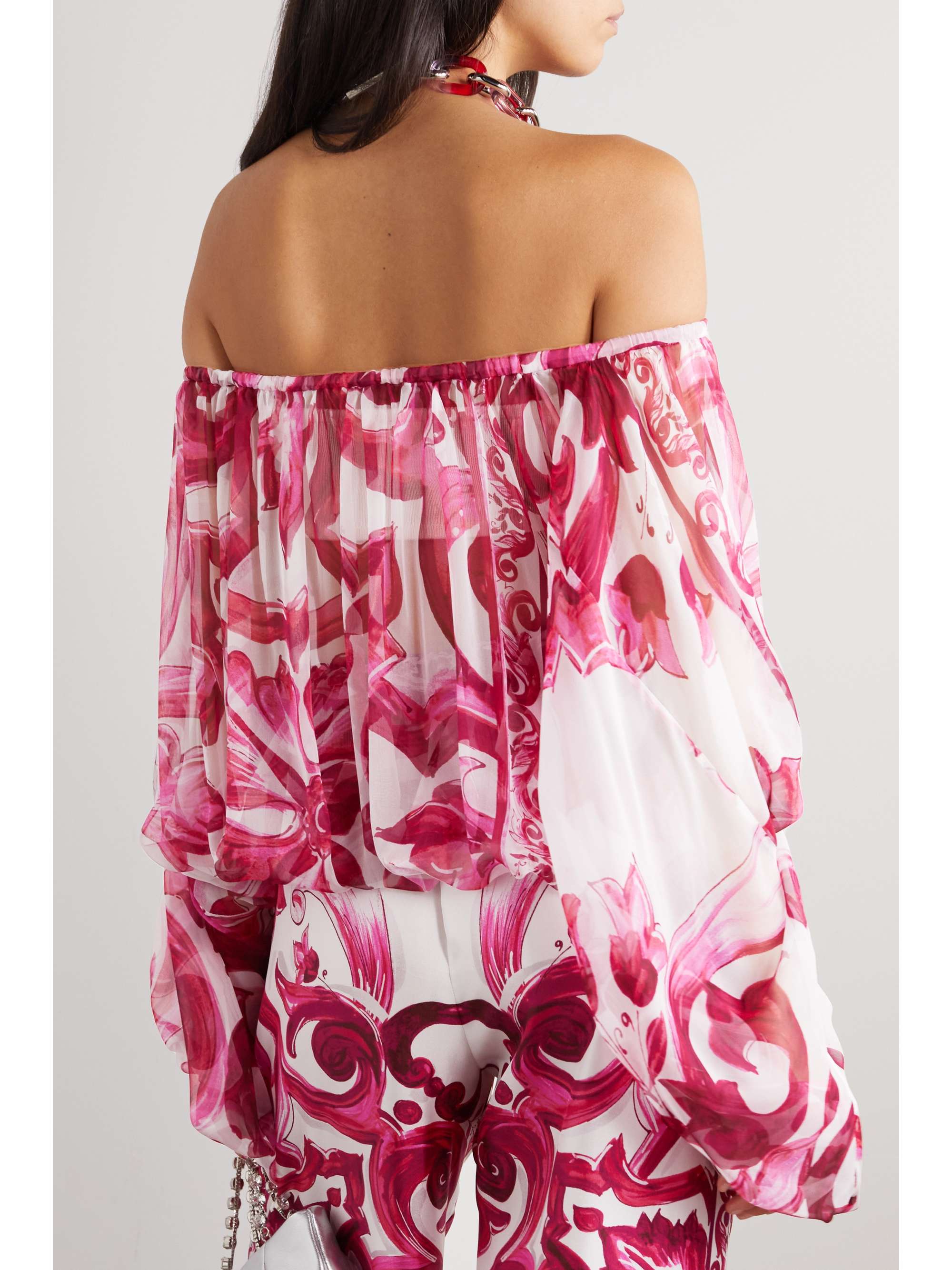 Maiolica off-the-shoulder printed silk-georgette top view