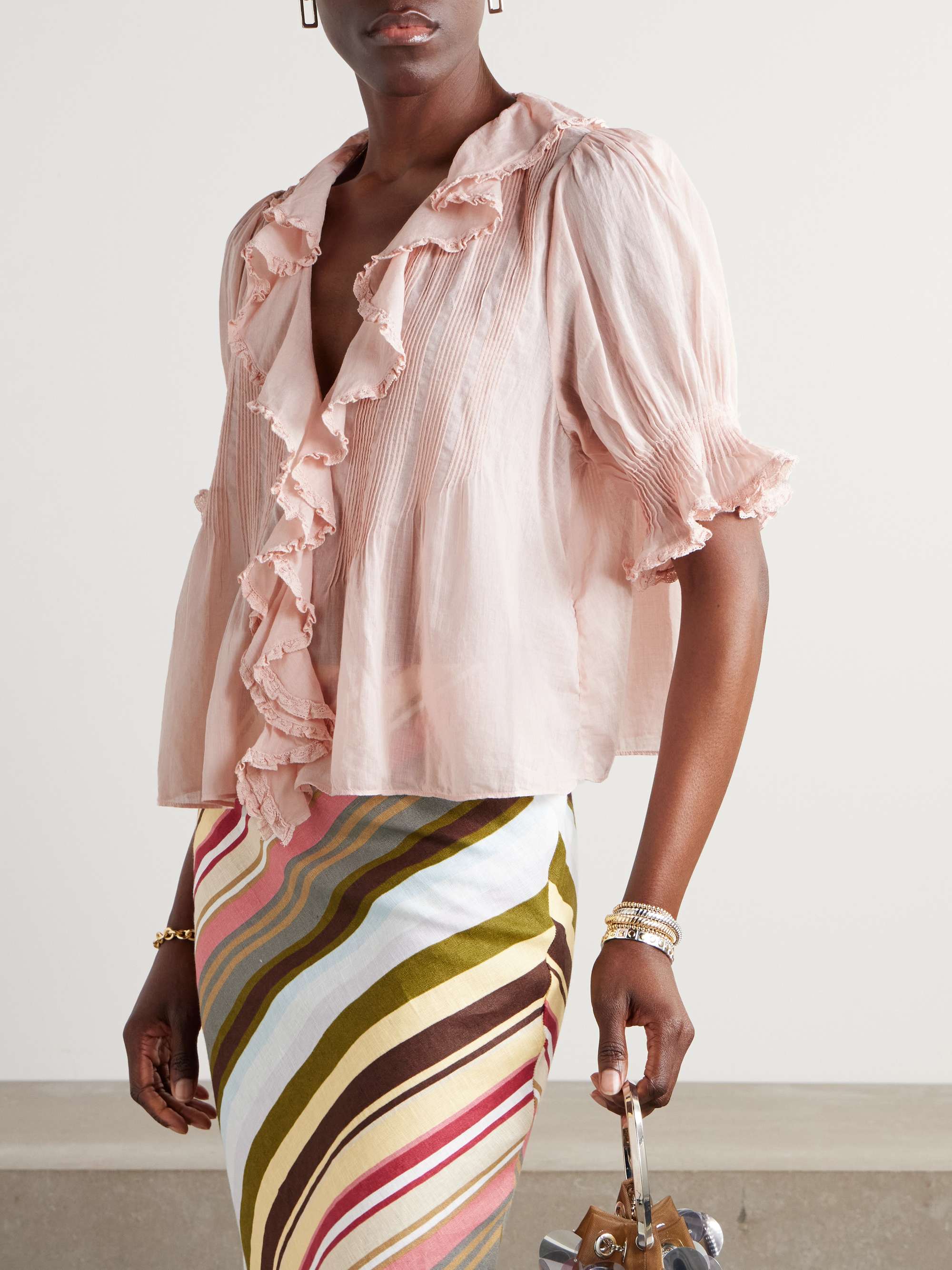 Henri lace-trimmed ruffled pintucked organic cotton-voile blouse view
