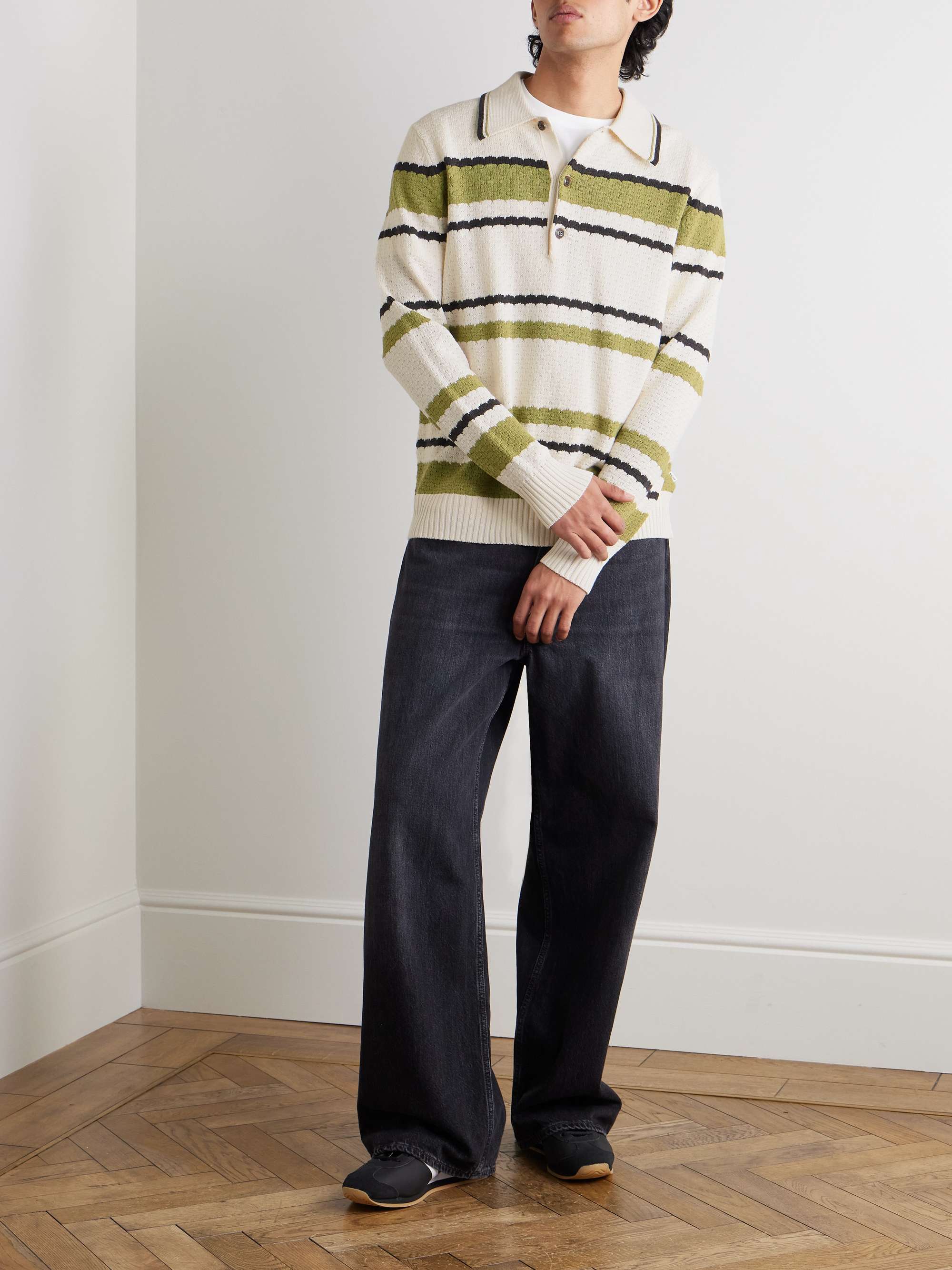 Alfie 6636 Striped Pointelle-Knit Organic Cotton Polo Shirt view