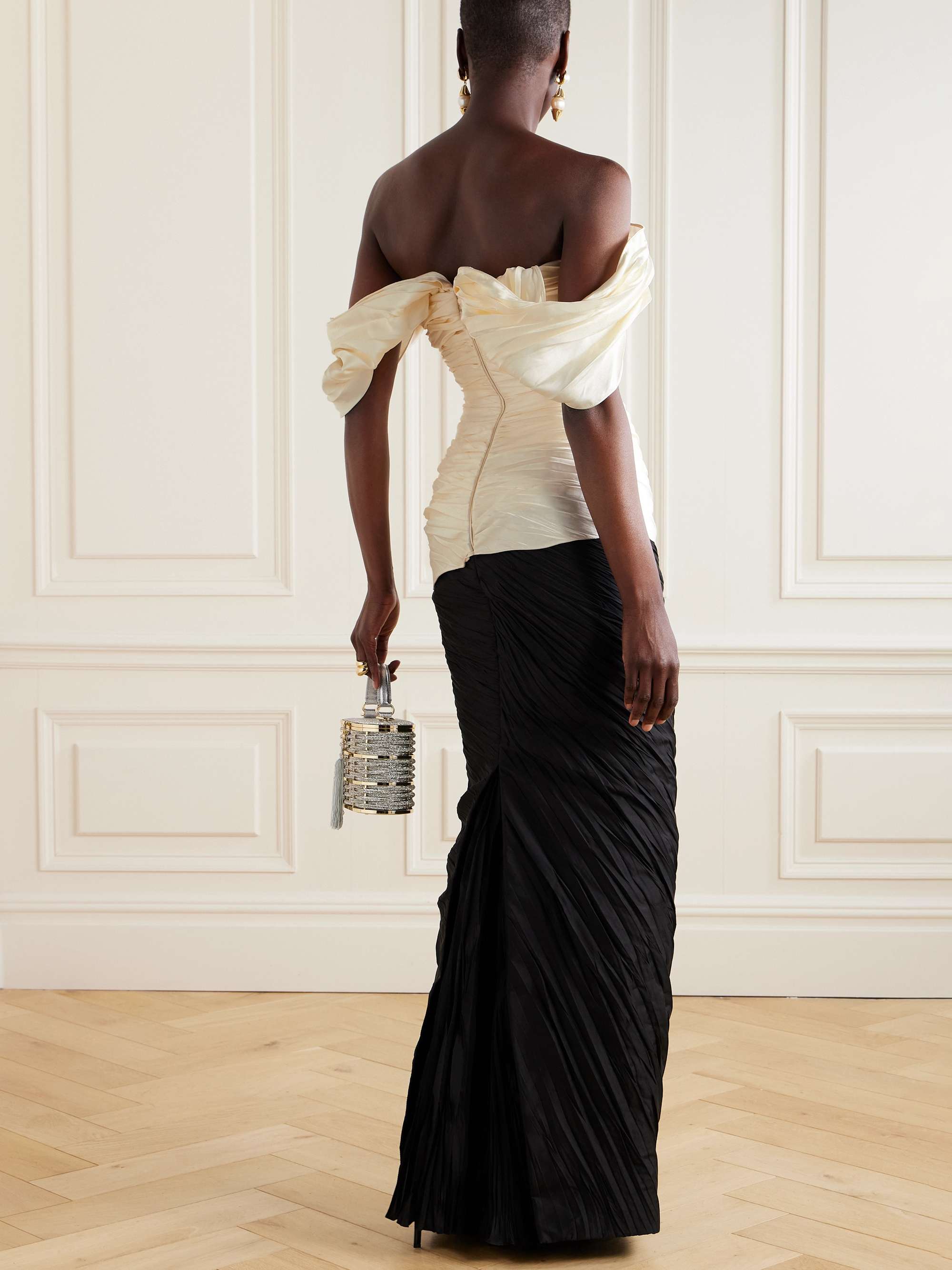 Off-the-shoulder pleated two-tone mikado and taffeta gown view