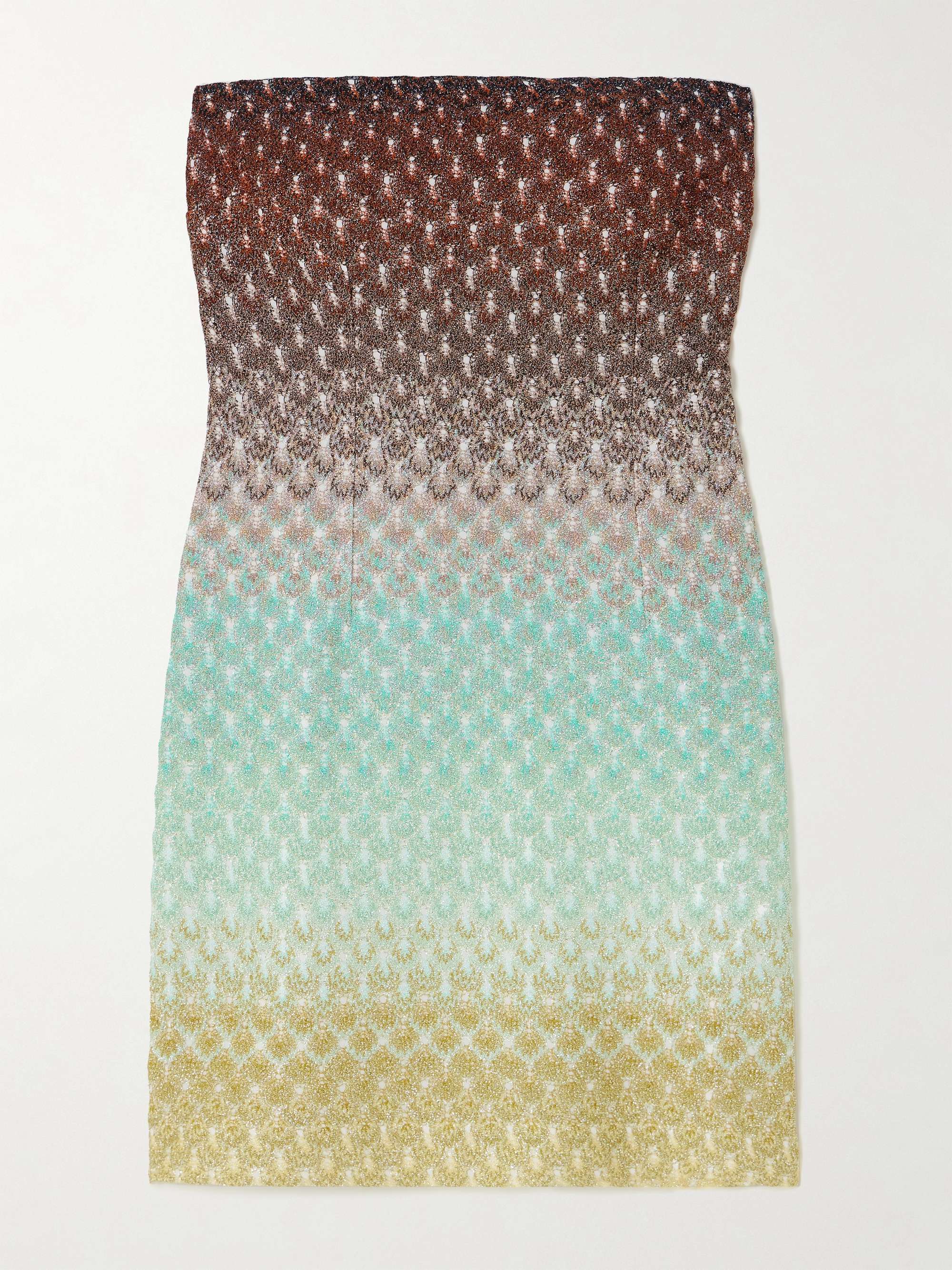 Strapless metallic crochet-knit mini dress hero visual