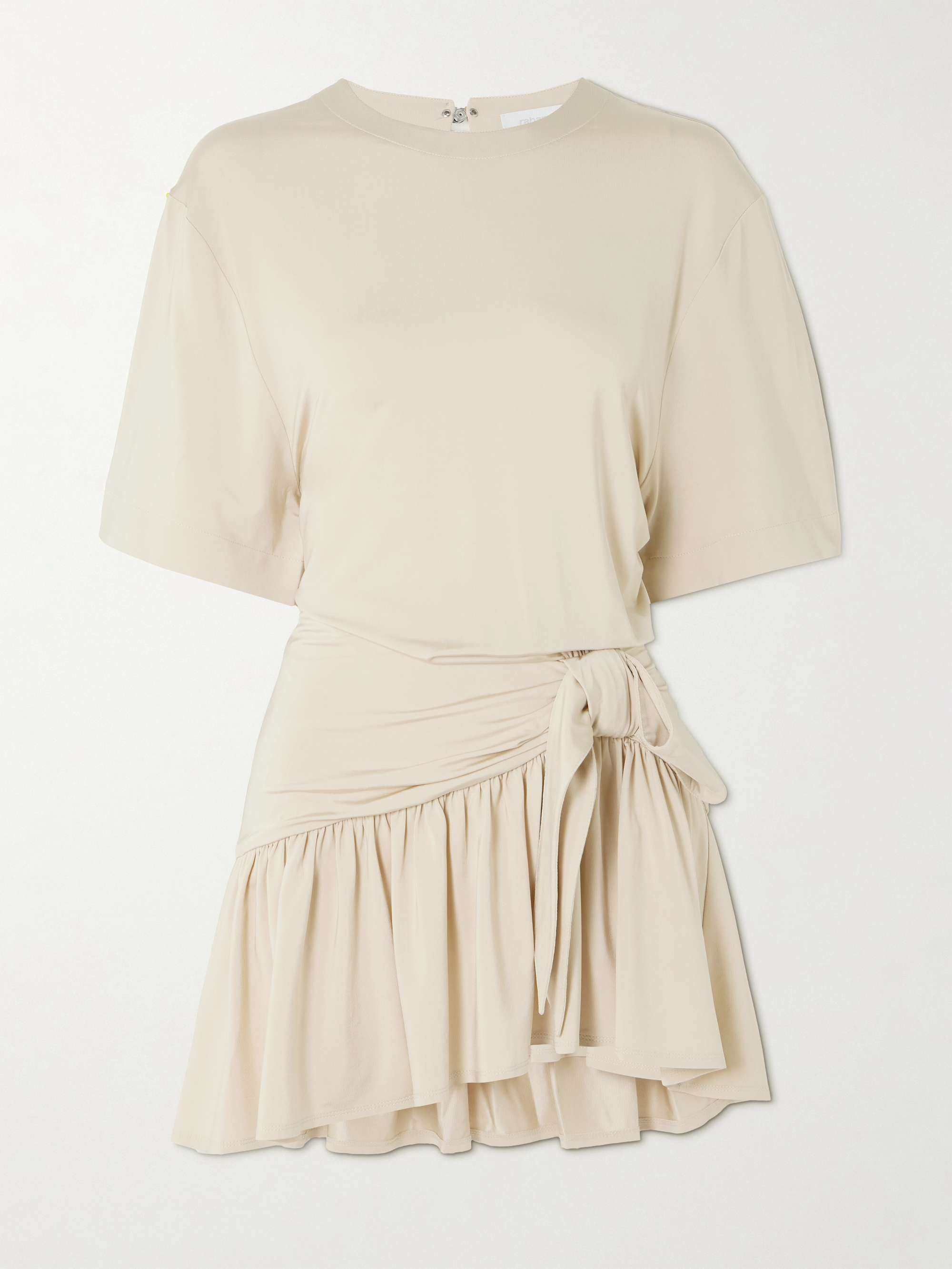 Asymmetric bow-detailed gathered satin-jersey mini dress hero visual