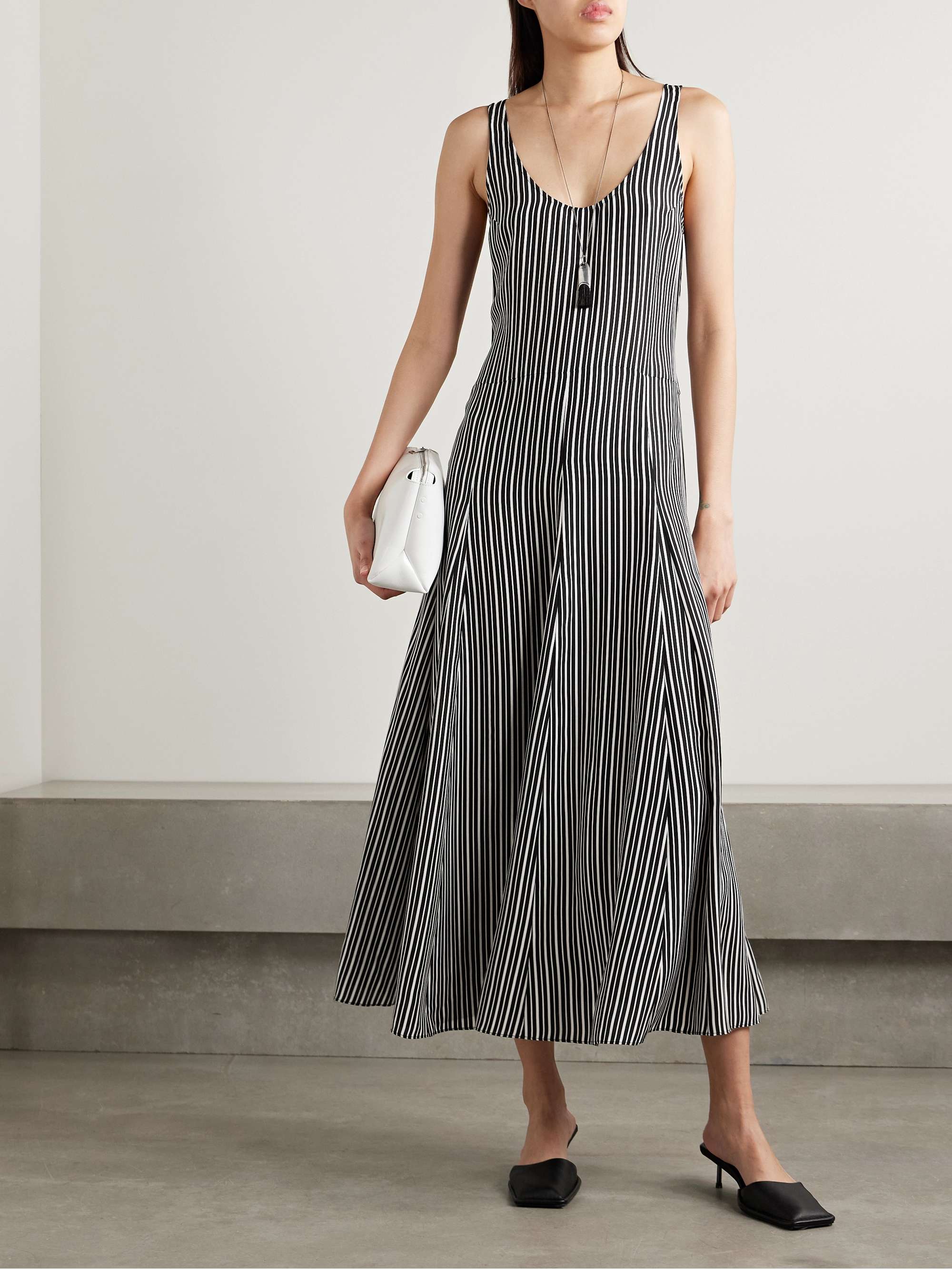 Pleated striped recycled-crepe de chine midi dress view
