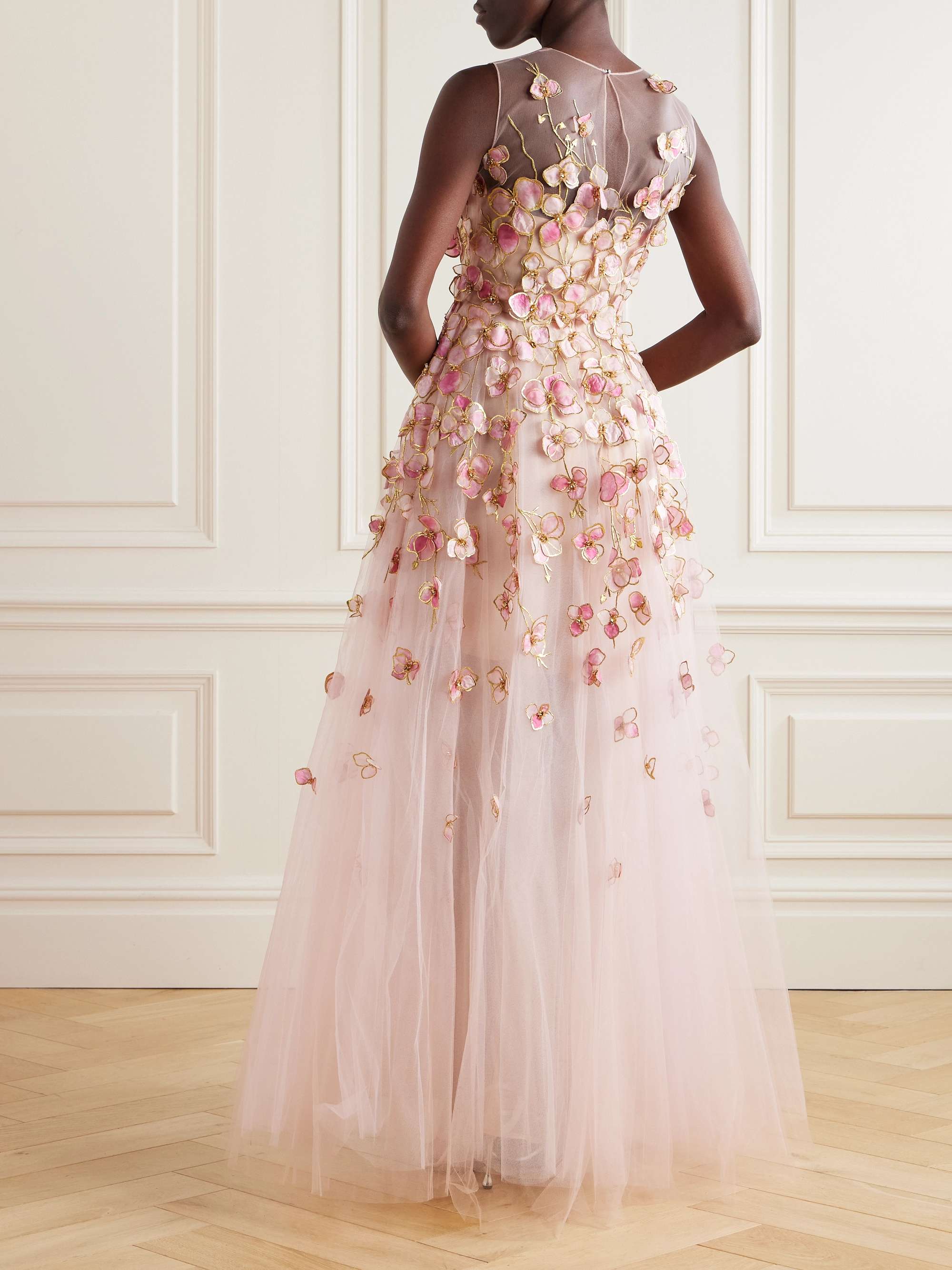Sleeveless floral-appliquéd organza gown view
