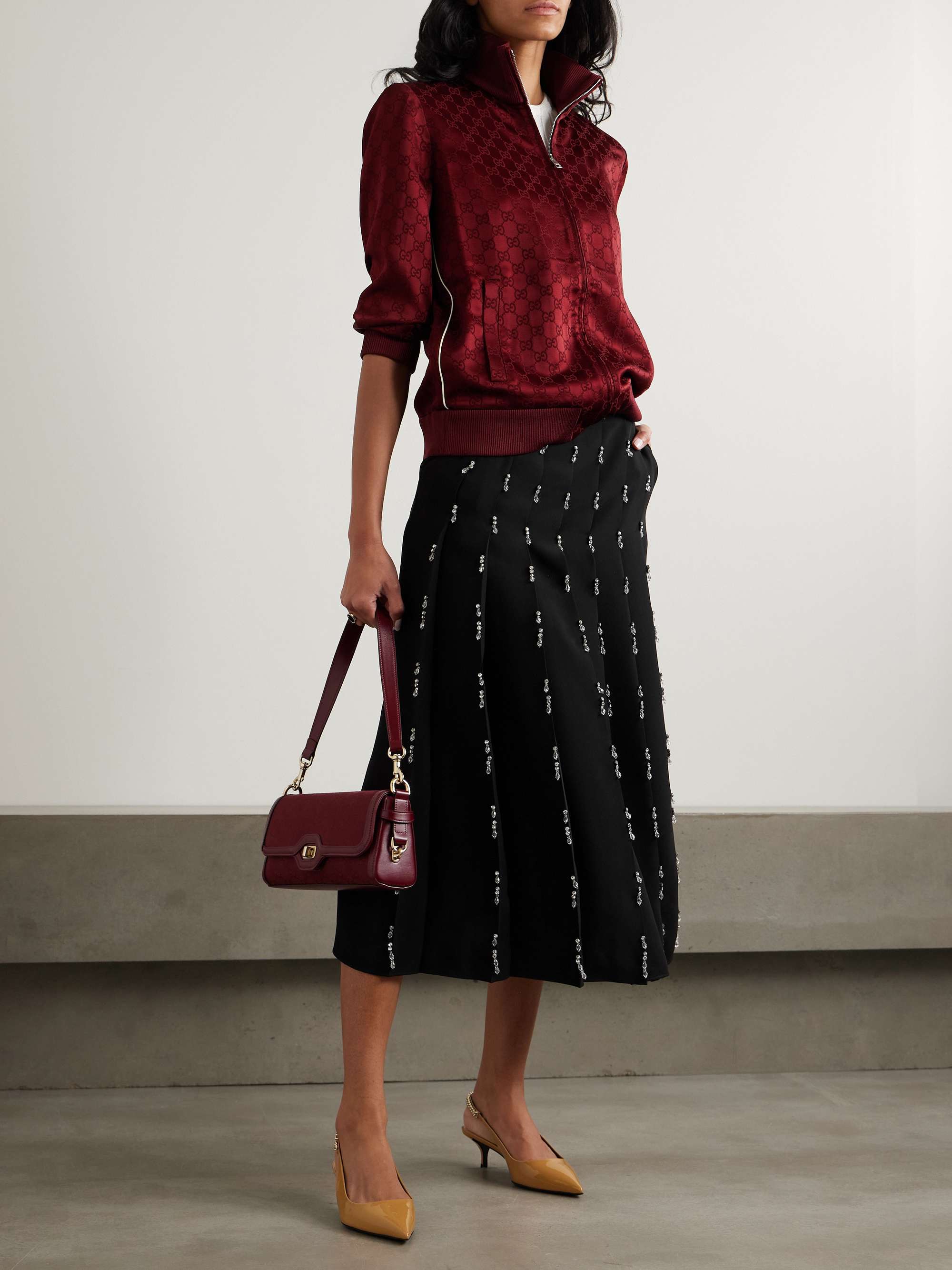 Crystal-embellished pleated woven midi skirt view