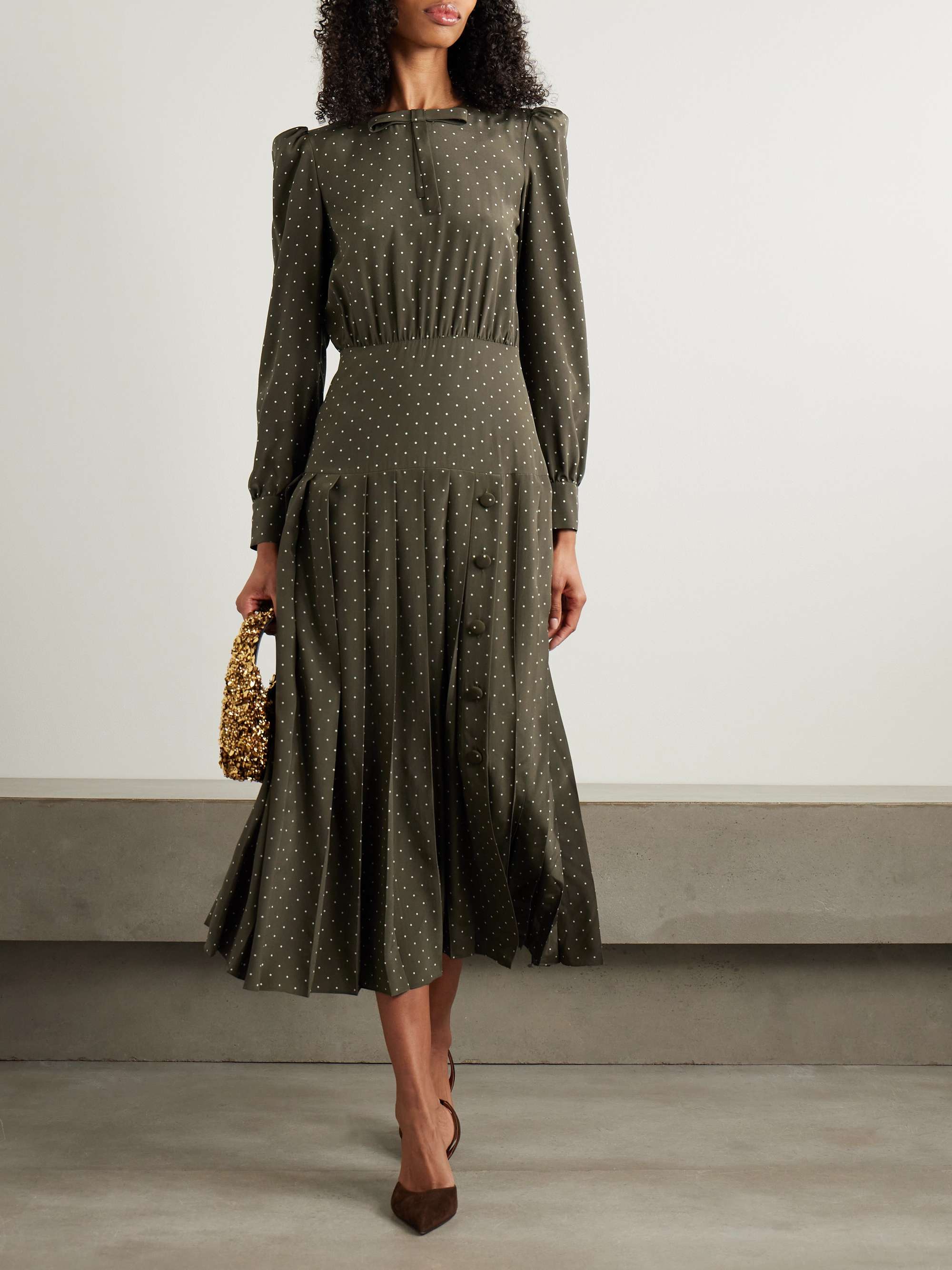 Bow-detailed polka-dot silk crepe de chine midi dress view