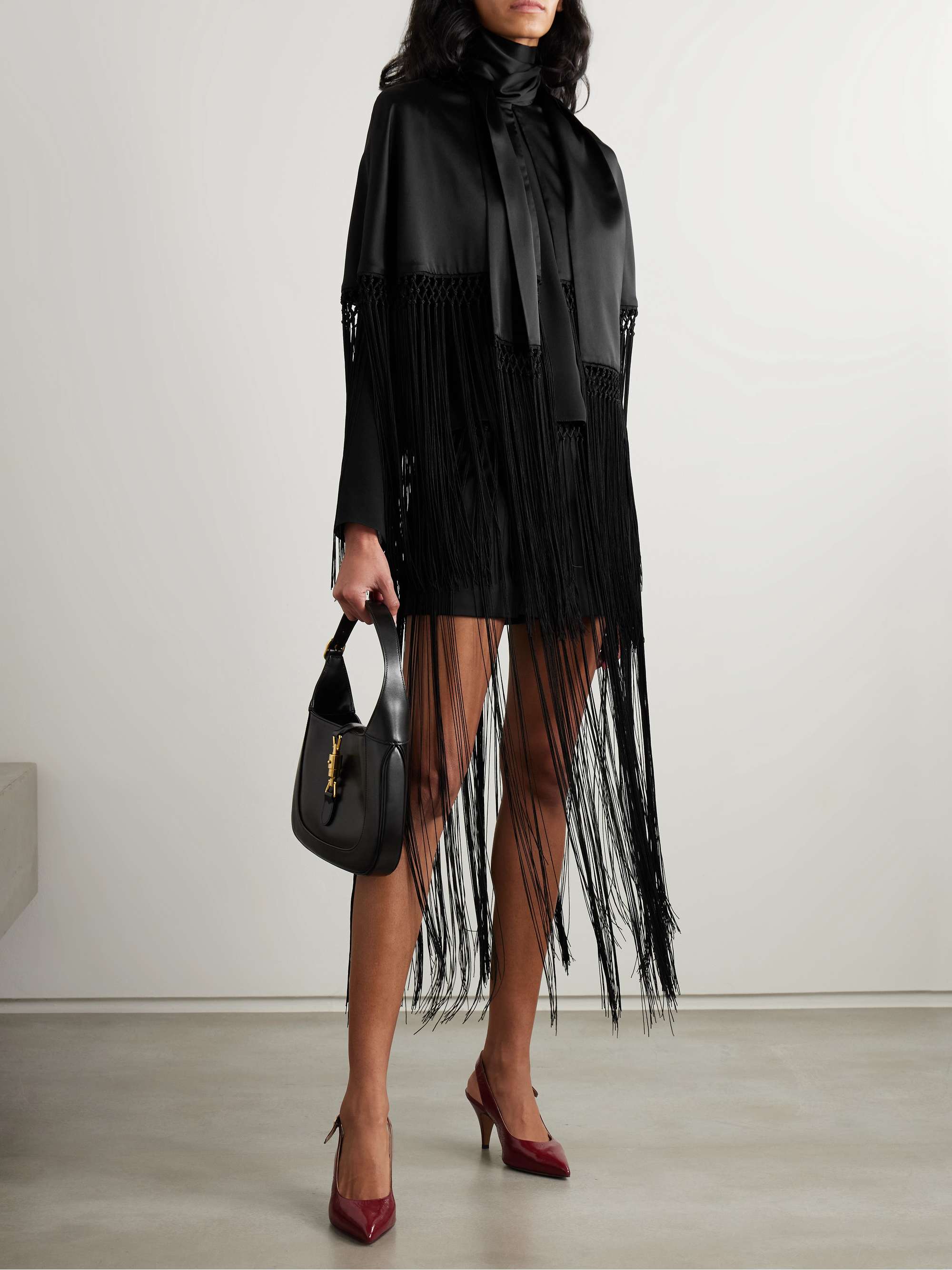 Allegra fringed duchesse silk satin-trimmed stretch-wool shorts view