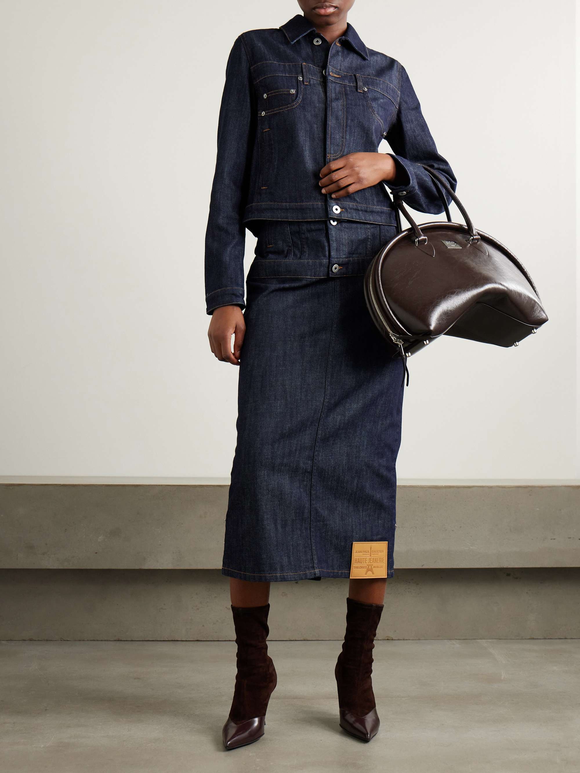 Paneled topstitched denim midi skirt view