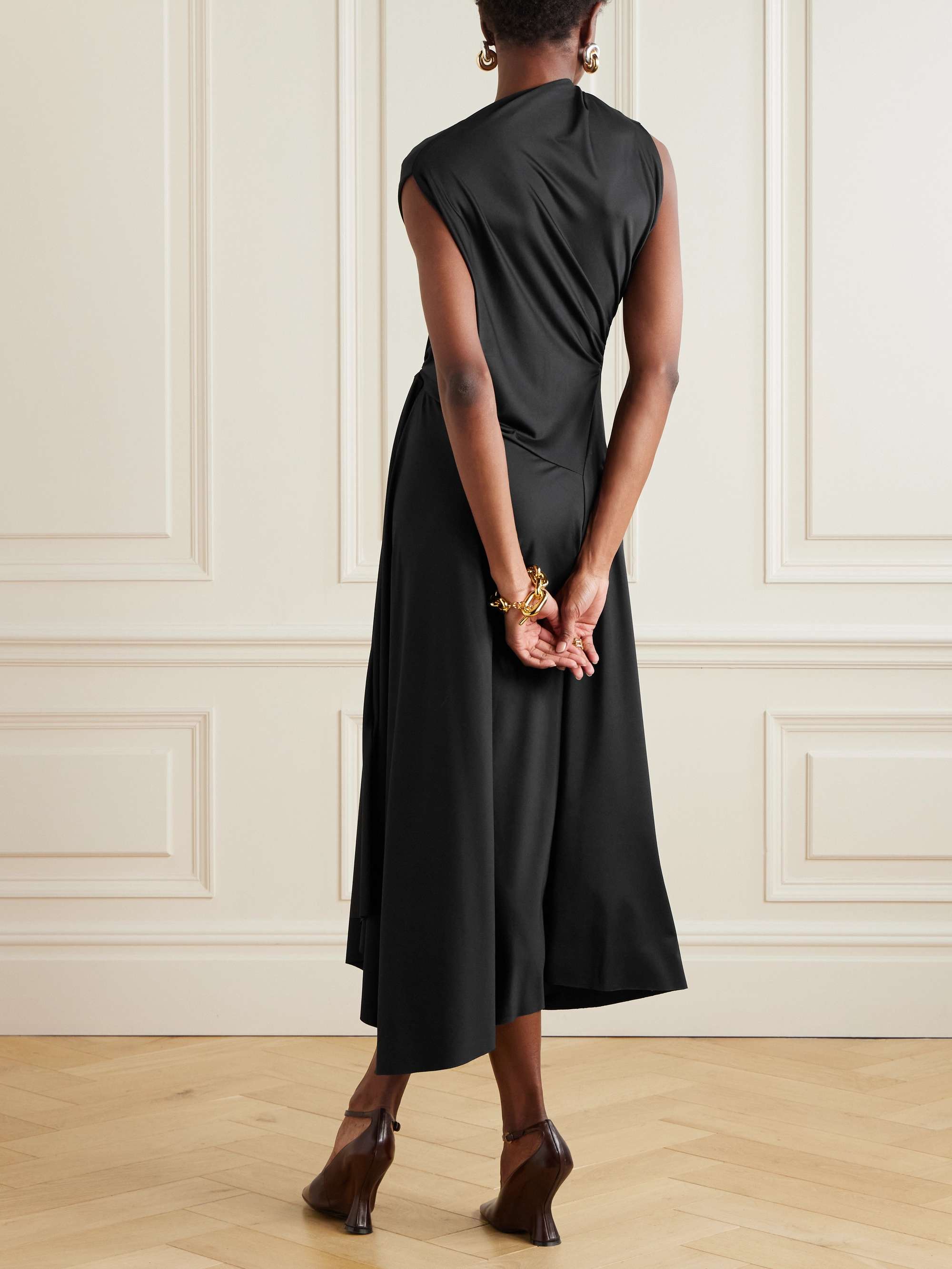 Asymmetric draped crepe midi dress view
