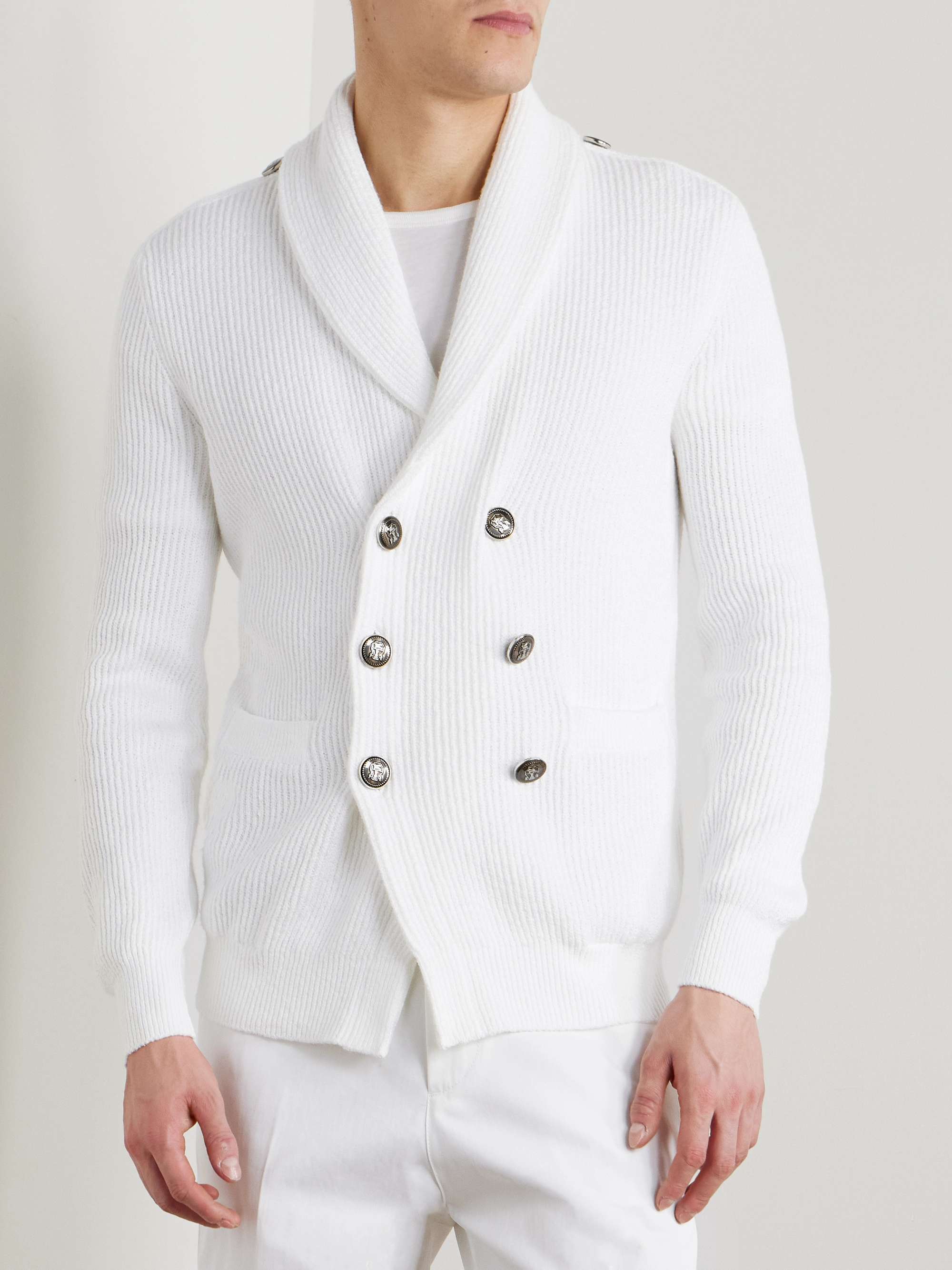 Shawl-Collar Double-Breasted Ribbed Cotton Cardigan view
