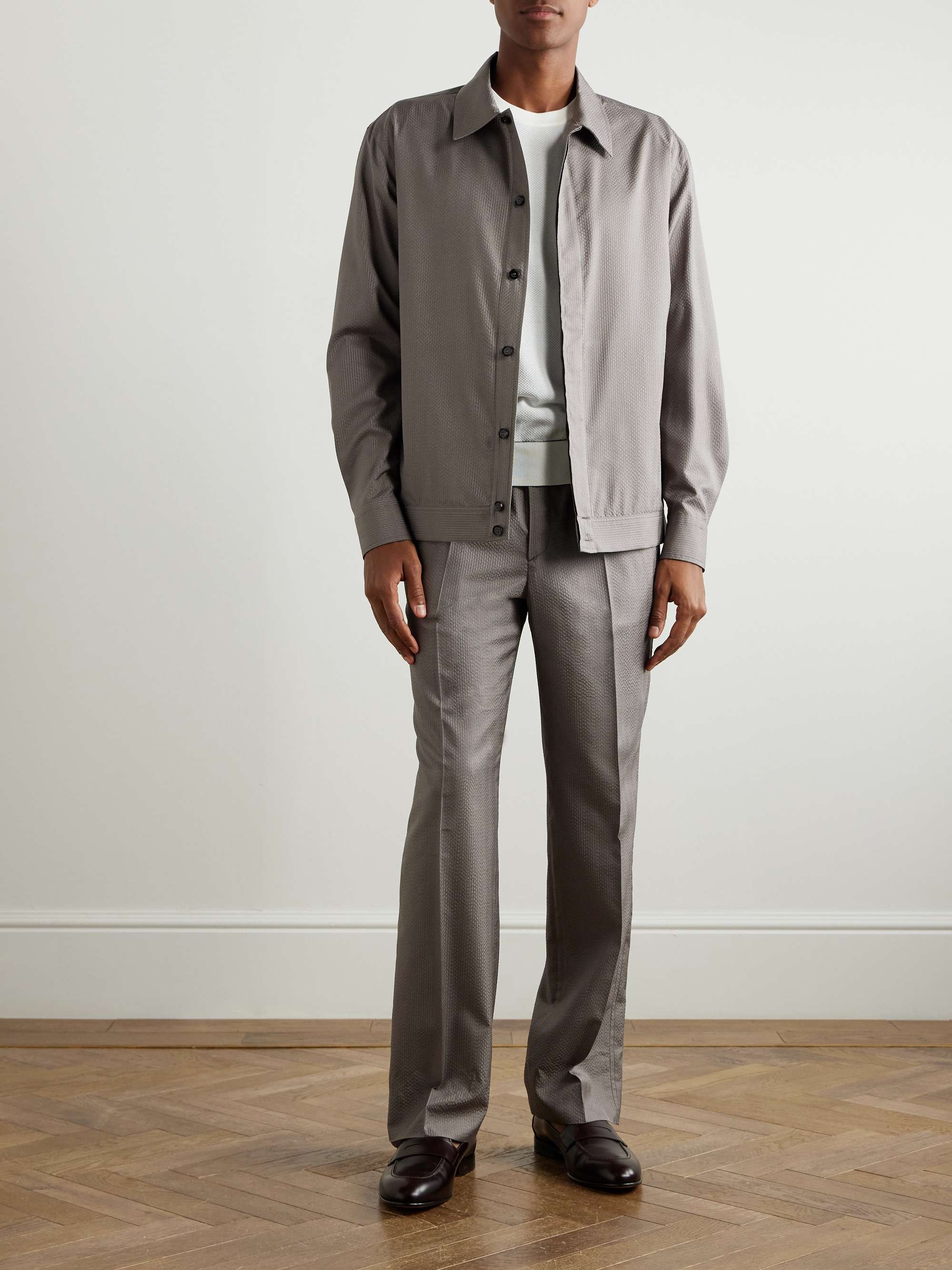 Asolo Straight-Leg Herringbone Silk-Seersucker Suit Trousers view