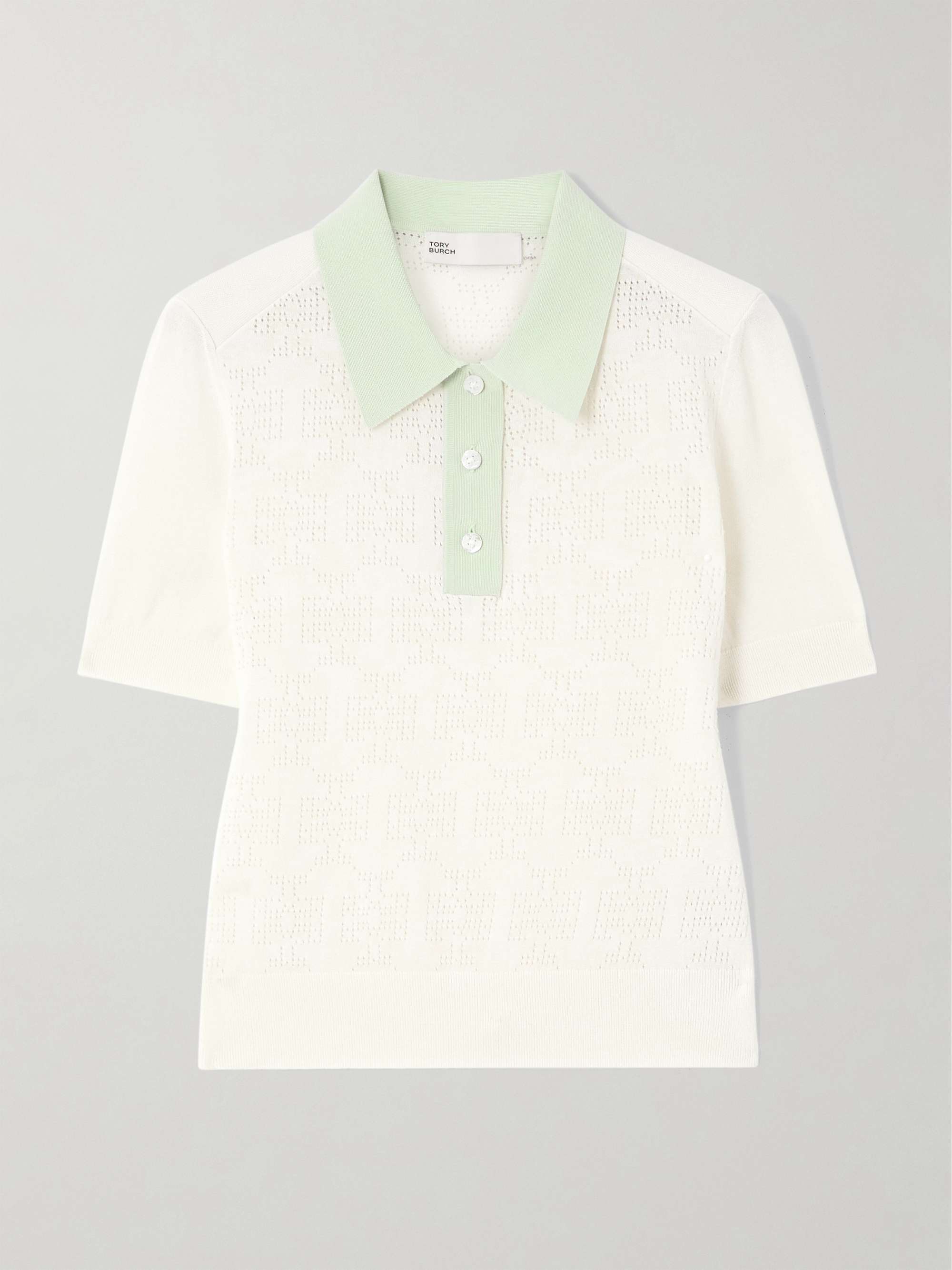 Two-tone pointelle-knit cotton-blend polo shirt hero visual