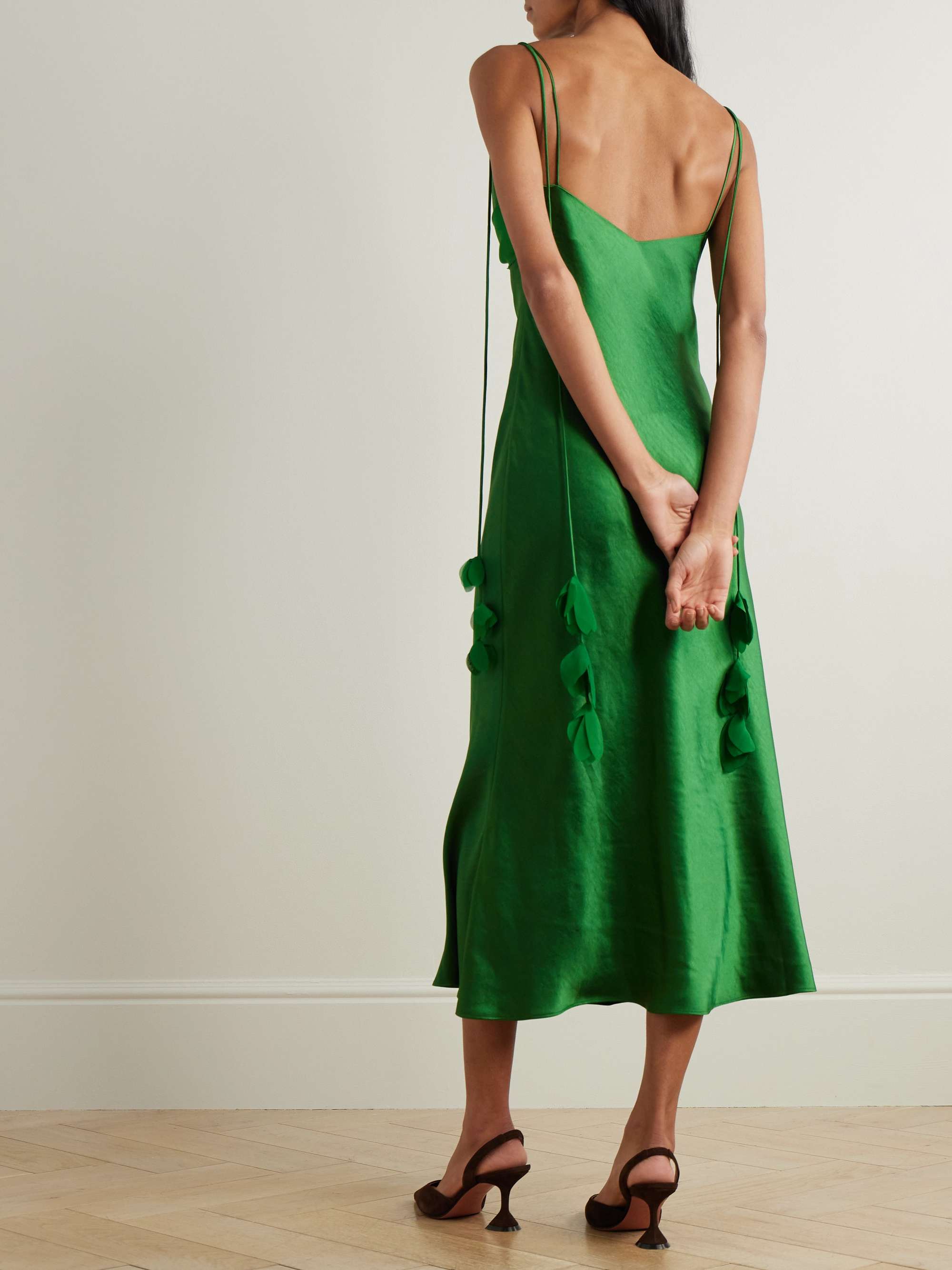Appliquéd georgette-trimmed draped satin midi dress view