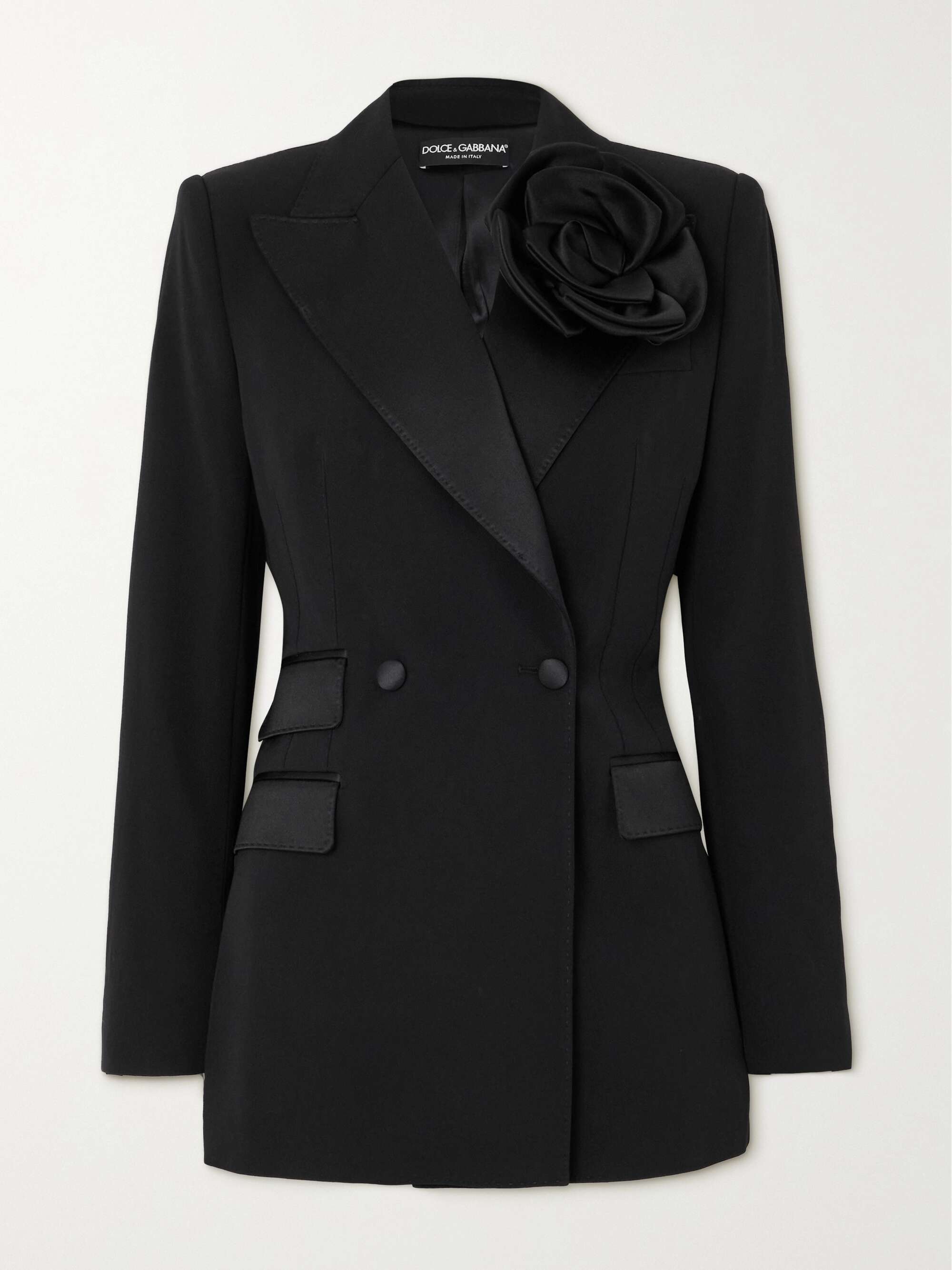 Appliquéd silk-satin trimmed double-breasted wool-blend blazer hero visual