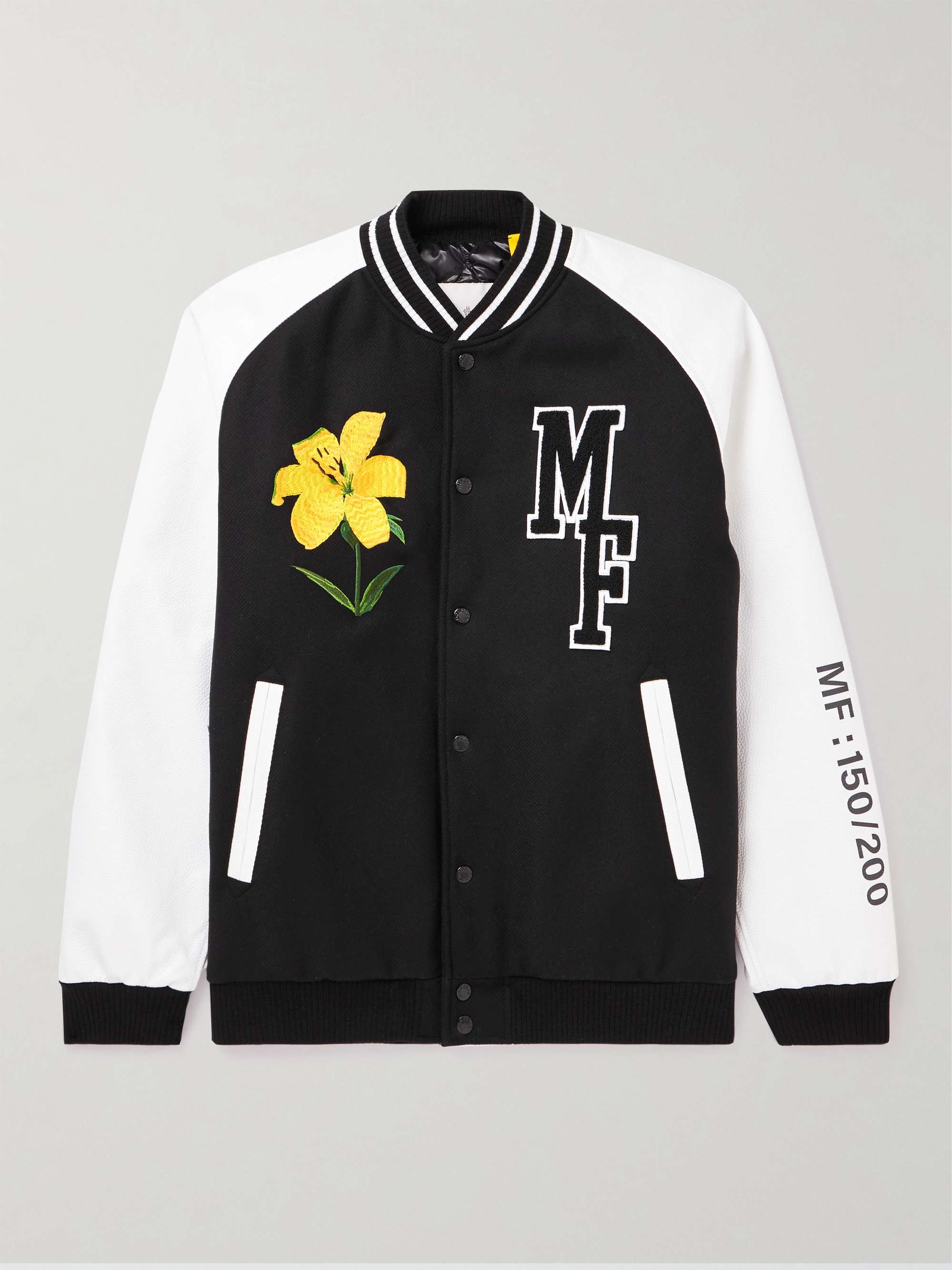 7 Moncler FRGMT Hiroshi Fujiwara Celsia Wool-Blend Felt and Full-Grain Leather Down Varsity Jacket hero visual