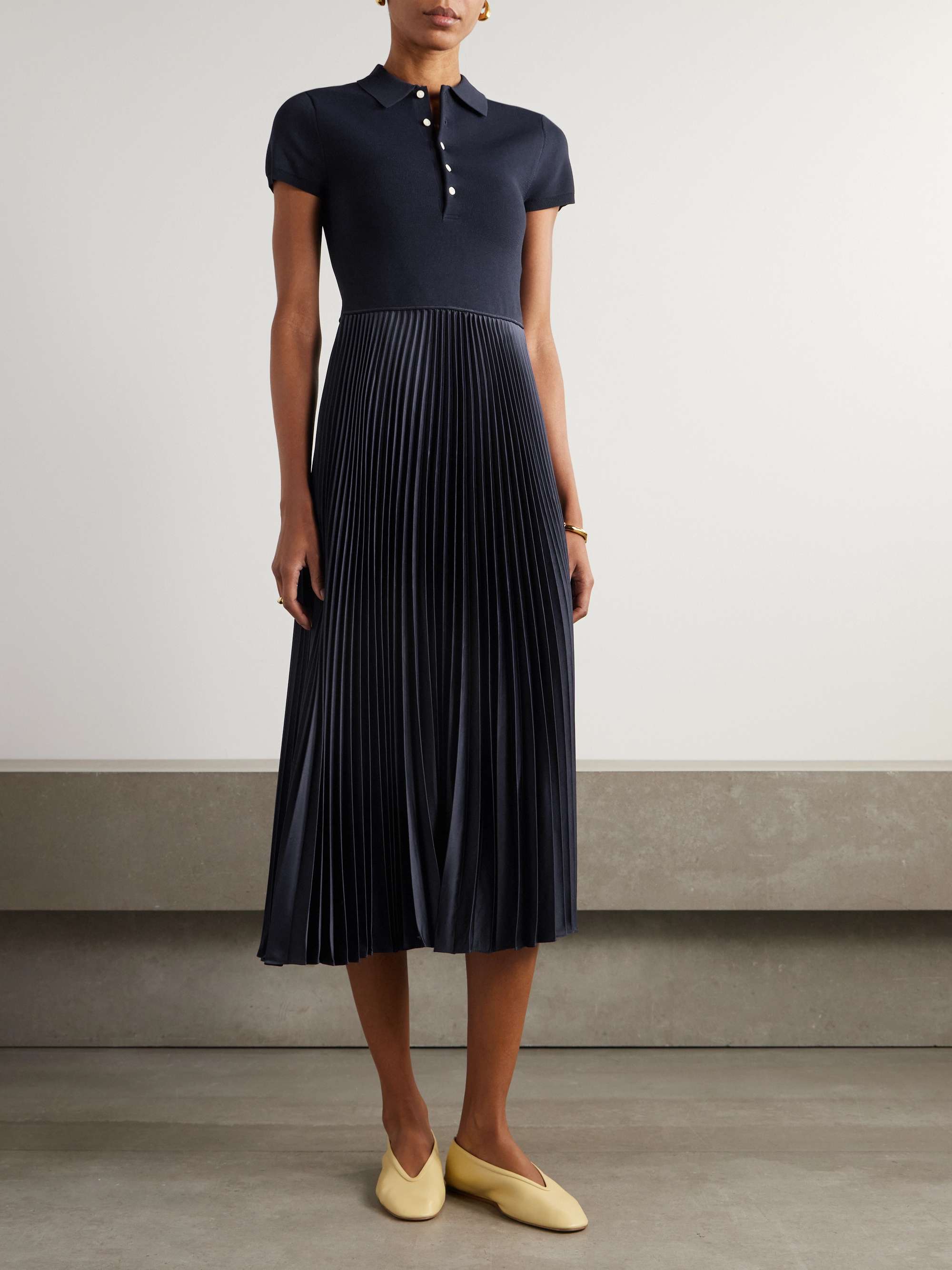 Pleated stretch-knit and recycled-satin midi dress view