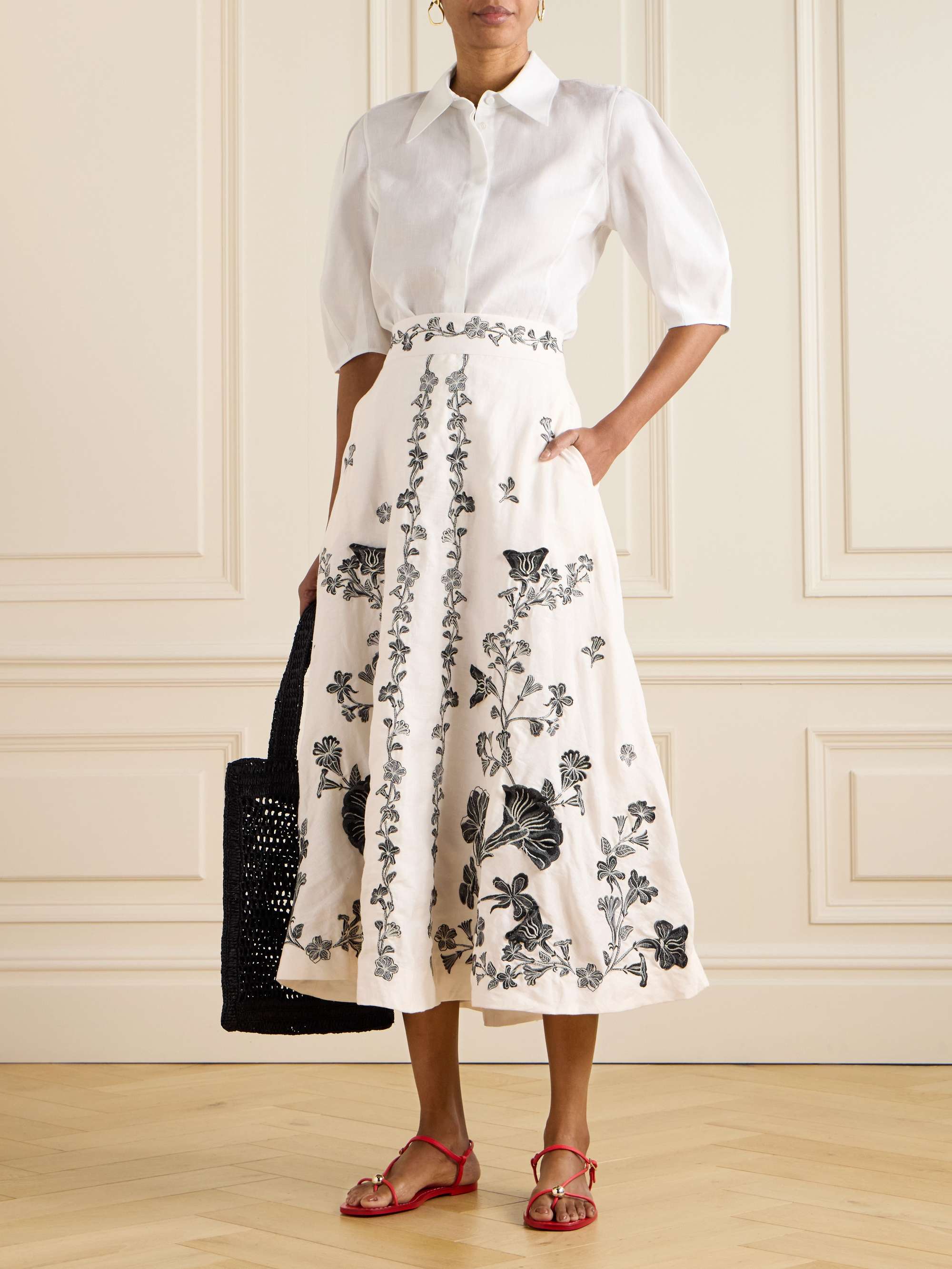 Bergamota embroidered linen midi skirt view
