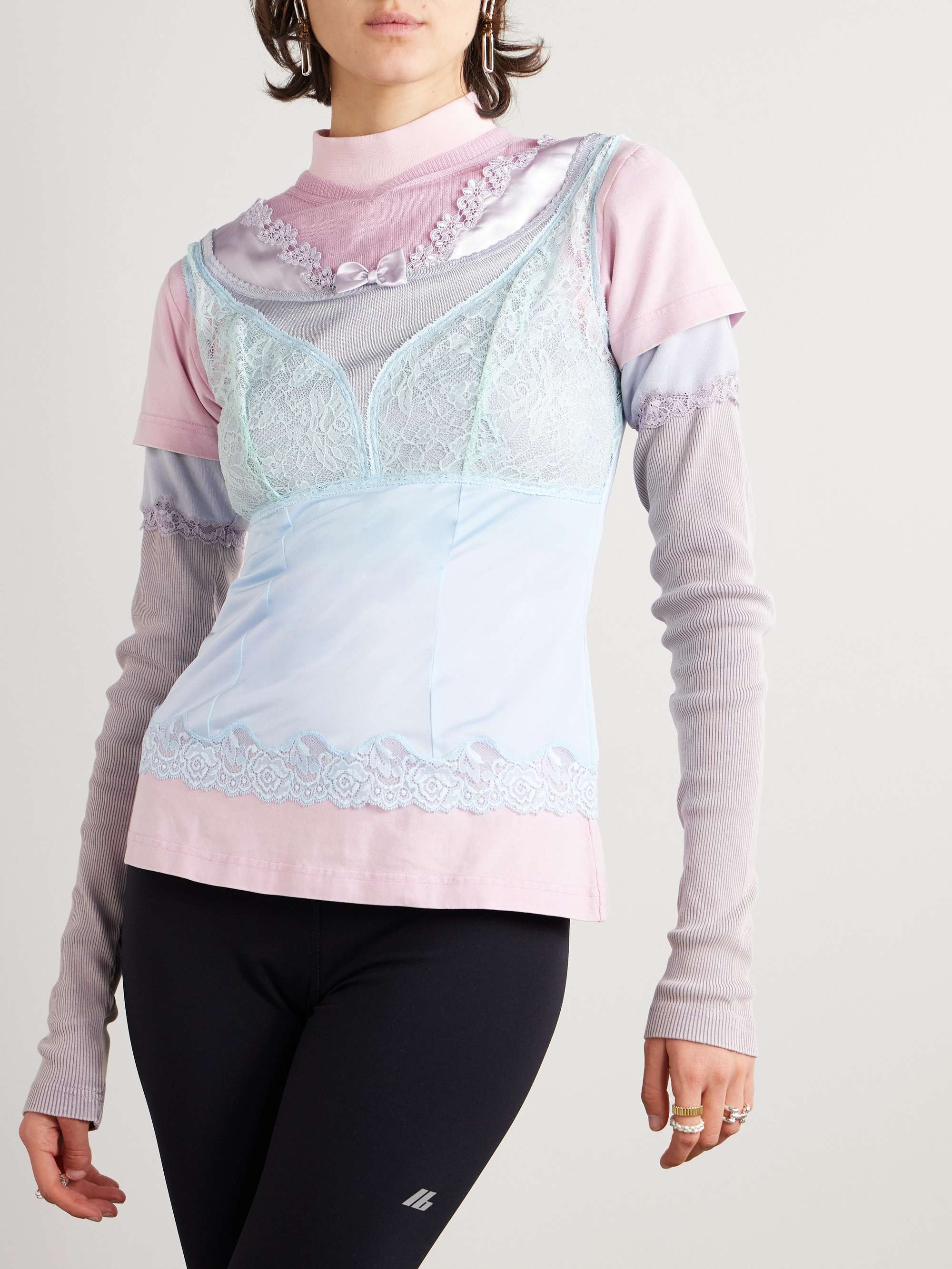 Bow-detailed layered lace-trimmed satin and jersey top view