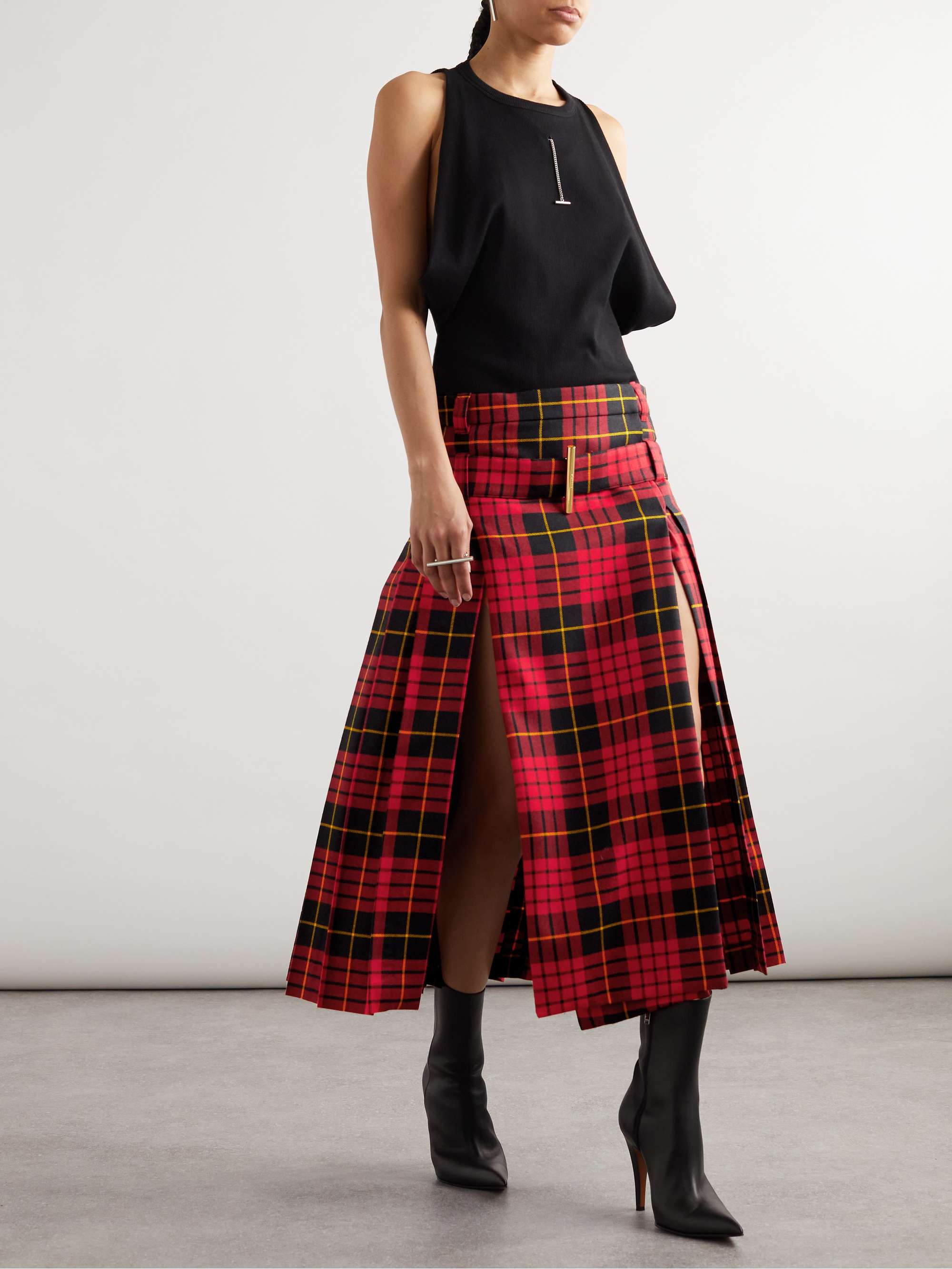 Belted pleated tartan wool midi skirt view