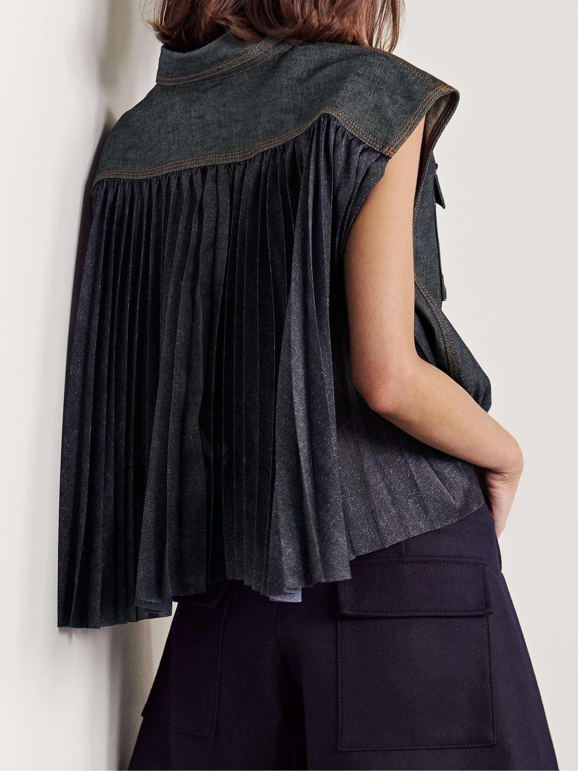 Denim and pleated crepe de chine vest view