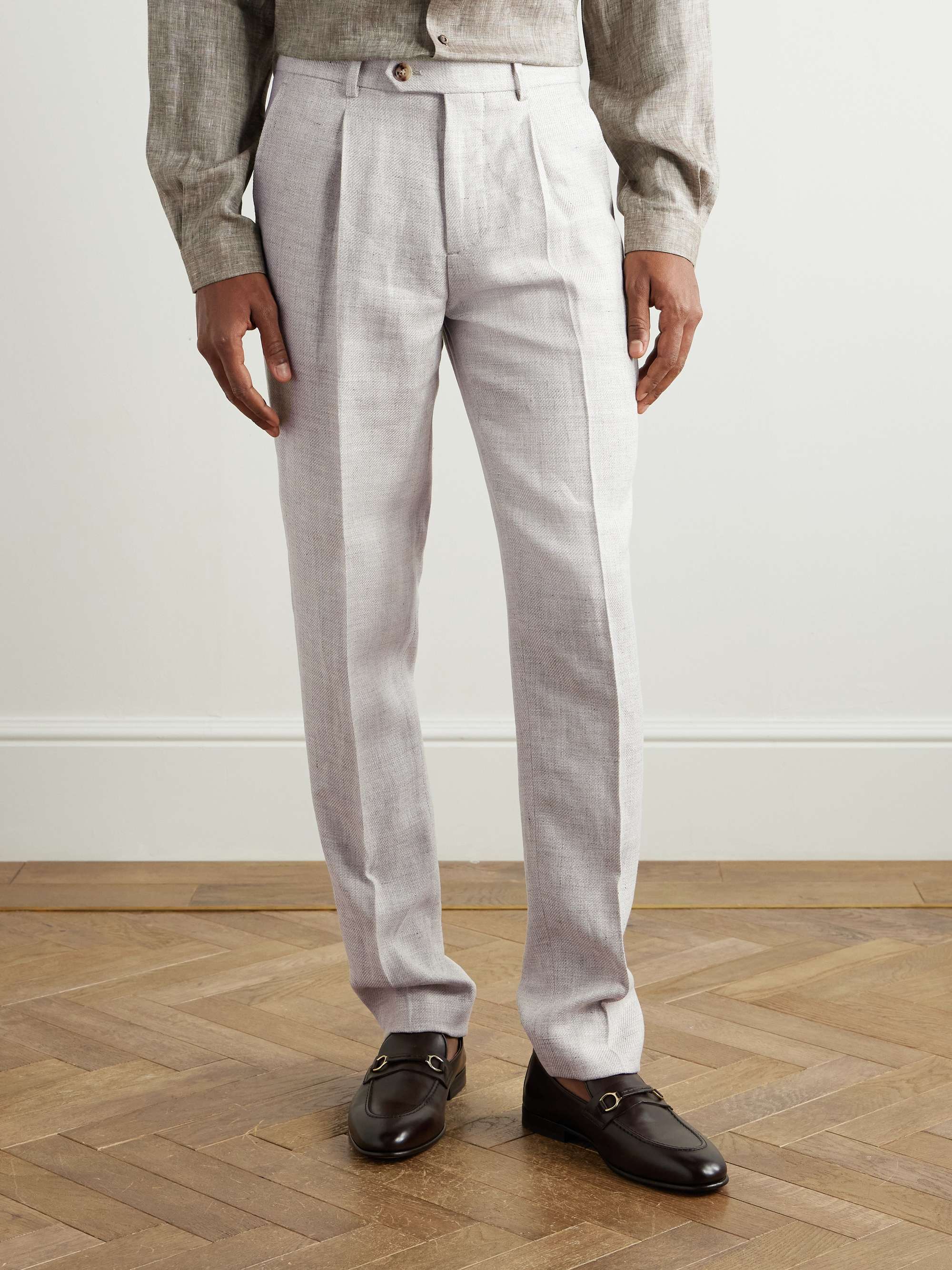 Straight-Leg Pleated Linen, Wool and Silk-Blend Suit Trousers view